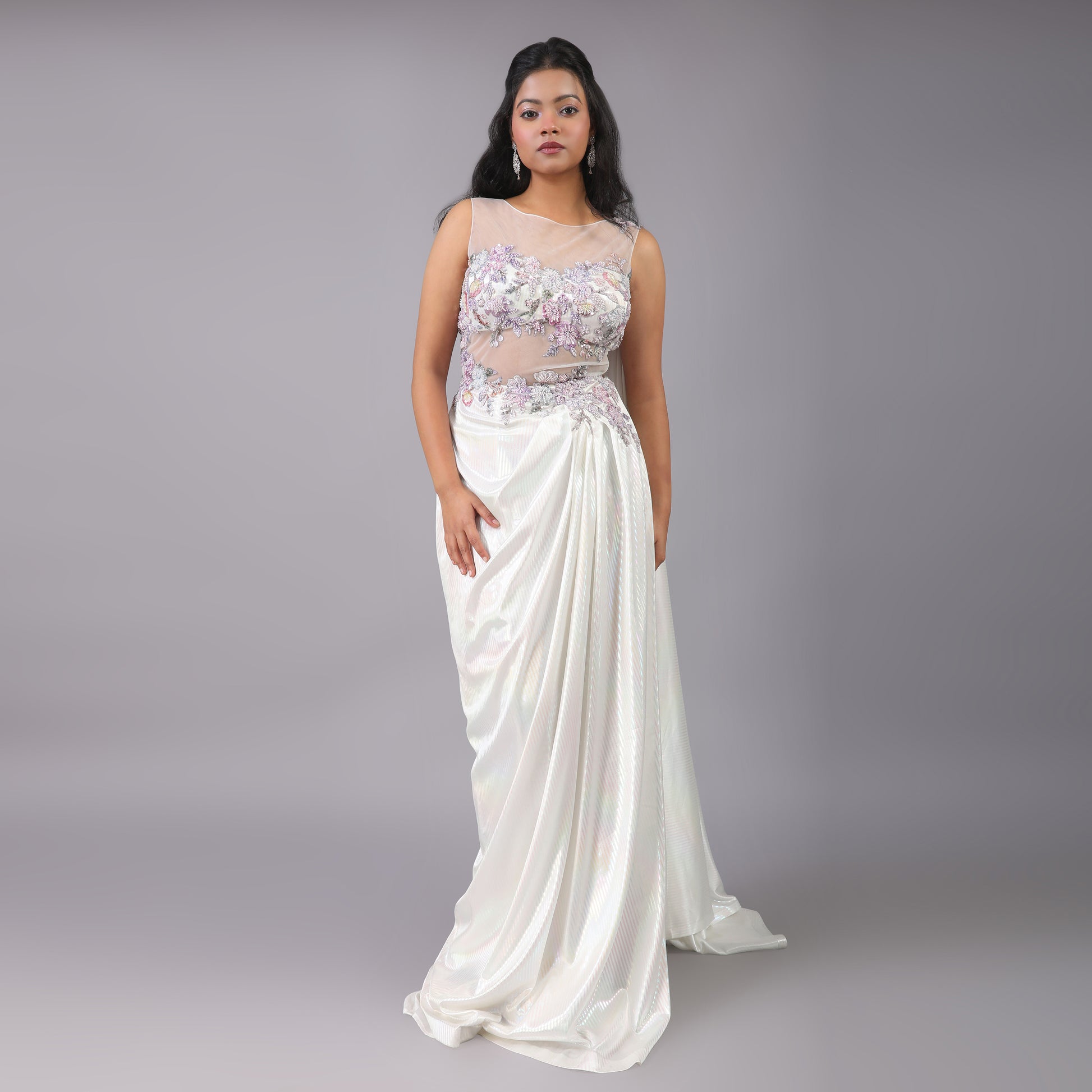 Holographic White Multi-Color Pre-Draped Saree Gown with Floral Embellishments