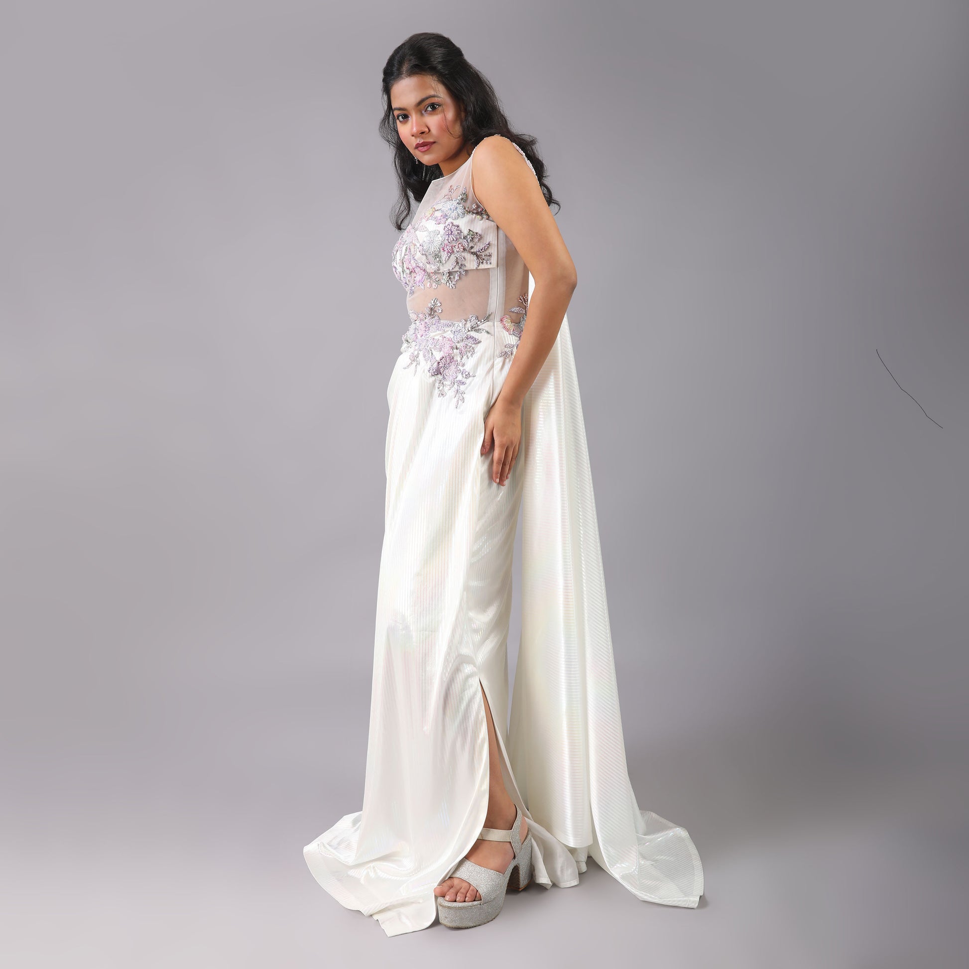 Holographic White Multi-Color Pre-Draped Saree Gown with Floral Embellishments