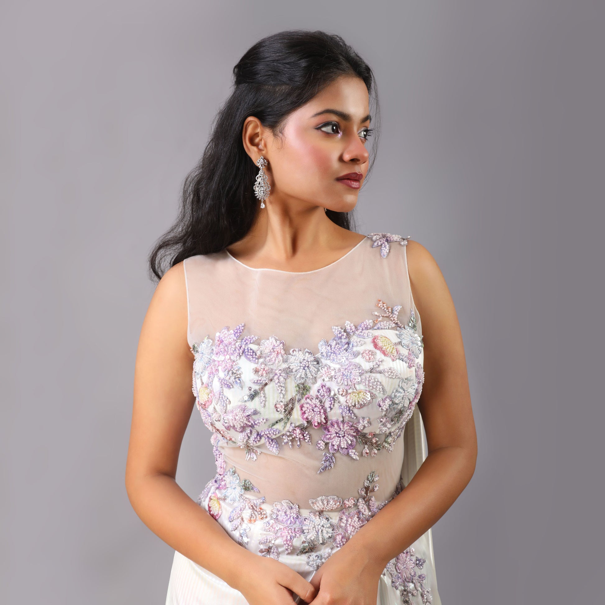 Holographic White Multi-Color Pre-Draped Saree Gown with Floral Embellishments