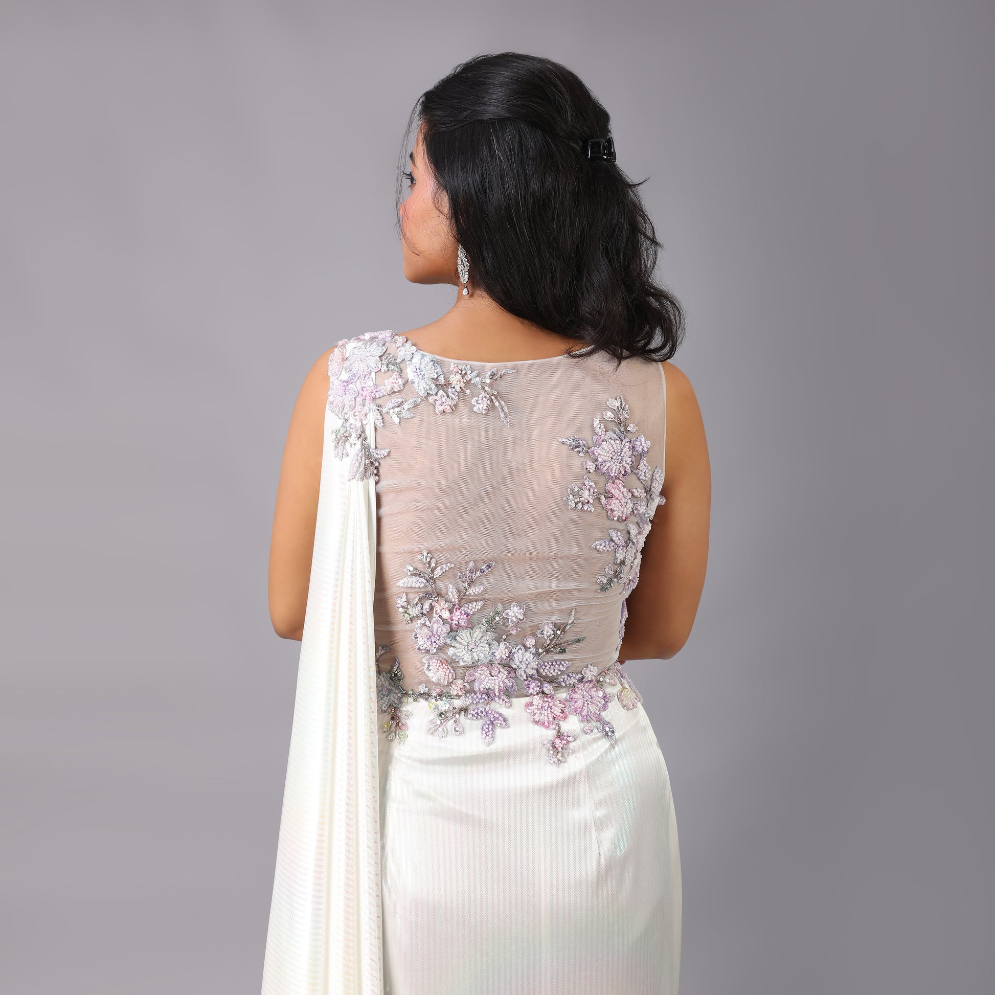 Holographic White Multi-Color Pre-Draped Saree Gown with Floral Embellishments