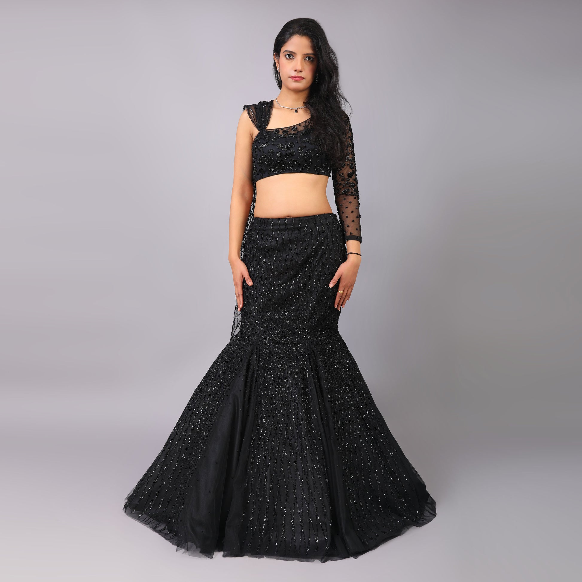 Black Fish Cut Godet Style Flared Hand Embroidered Lehenga With Hand Embroidered Single  Sleet Blouse and Attached Dupatta