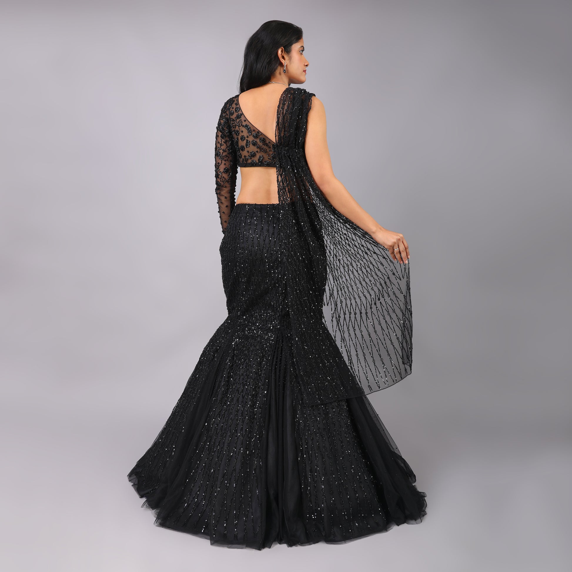 Black Fish Cut Godet Style Flared Hand Embroidered Lehenga With Hand Embroidered Single  Sleet Blouse and Attached Dupatta