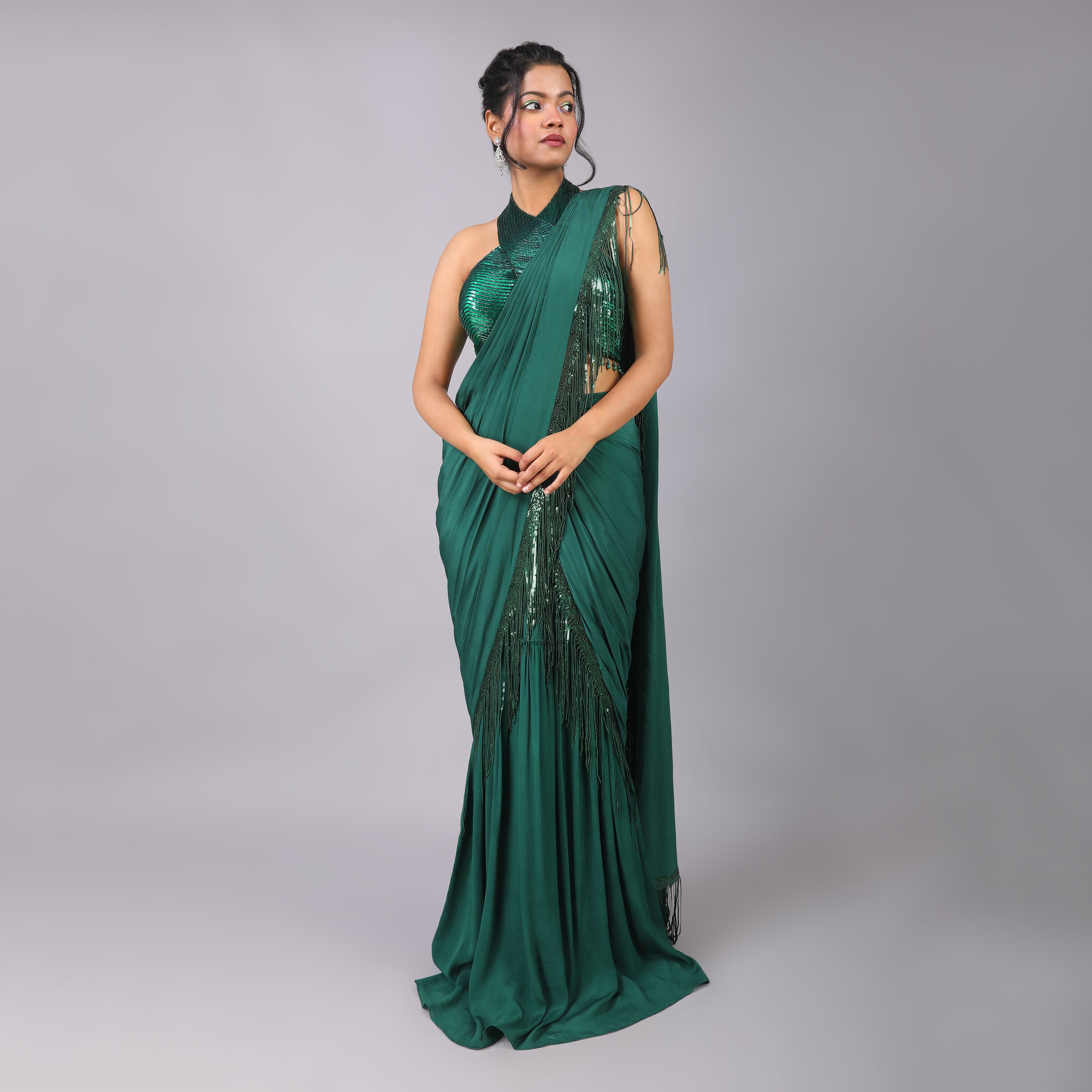 Emerald Green Pre-Draped Crepe Saree with Sequin Halter-Neck Blouse