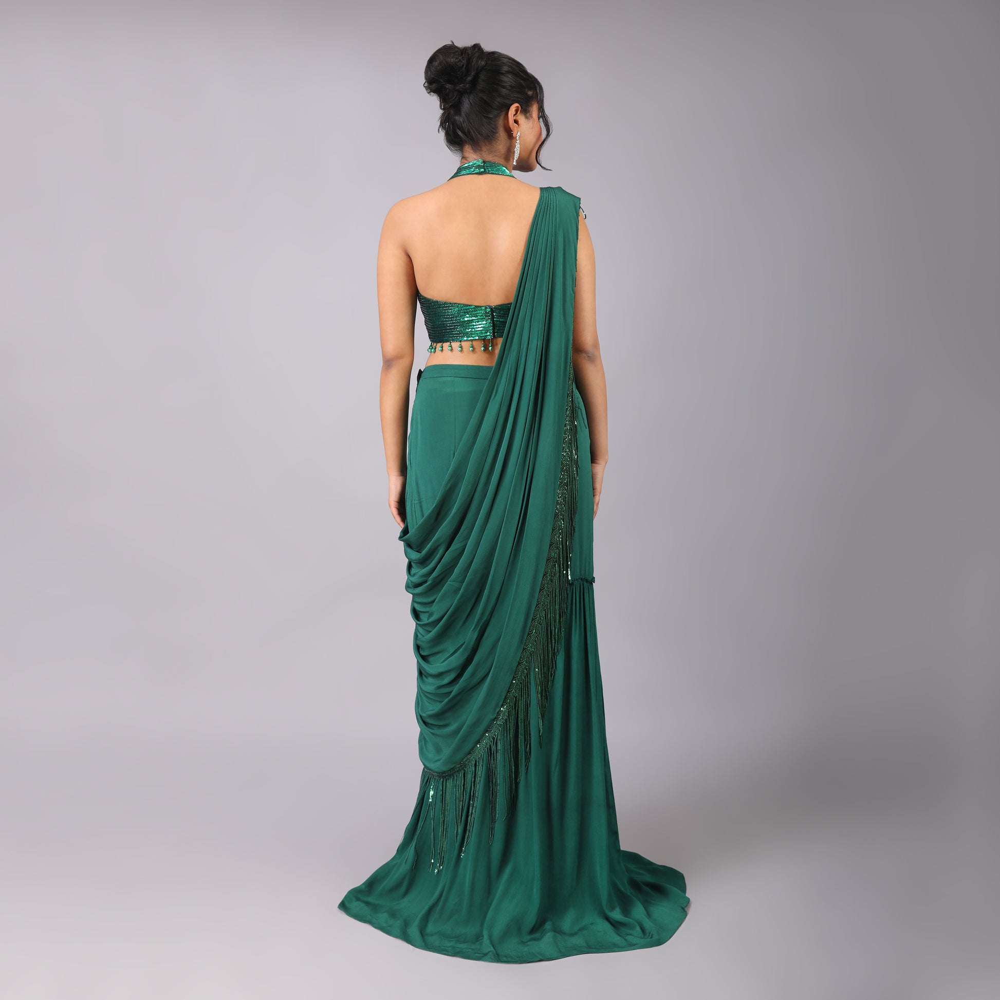 Emerald Green Pre-Draped Crepe Saree with Sequin Halter-Neck Blouse