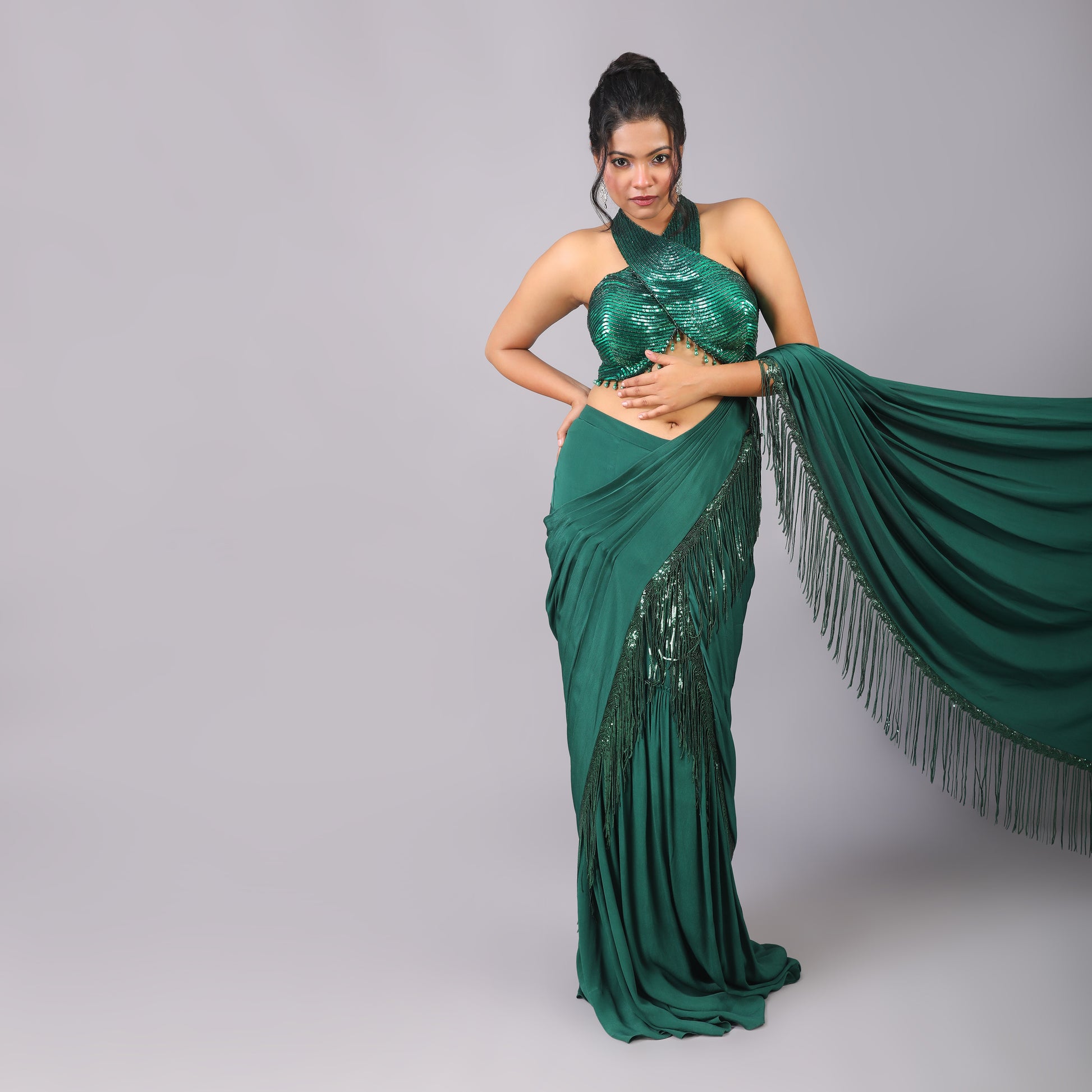 Emerald Green Pre-Draped Crepe Saree with Sequin Halter-Neck Blouse