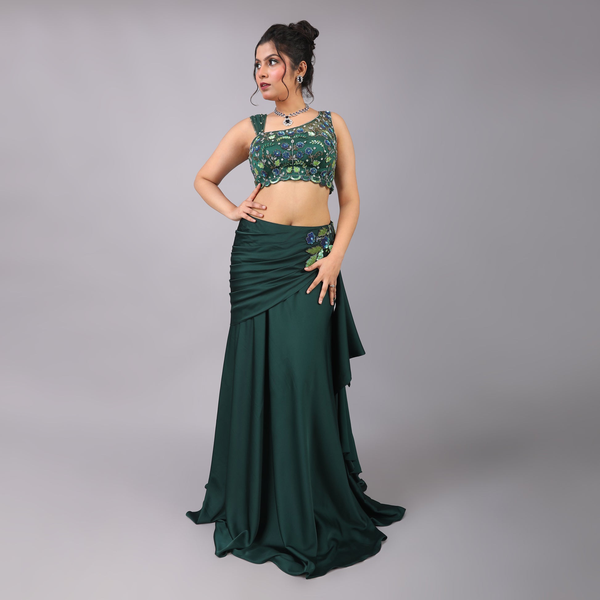 Emerald Green Asymmetrical Drape Skirt with One-Shoulder Hand-Embroidered Blouse and Attached Dupatta