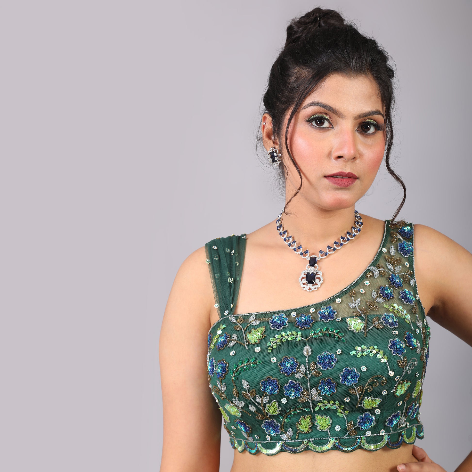 Emerald Green Asymmetrical Drape Skirt with One-Shoulder Hand-Embroidered Blouse and Attached Dupatta