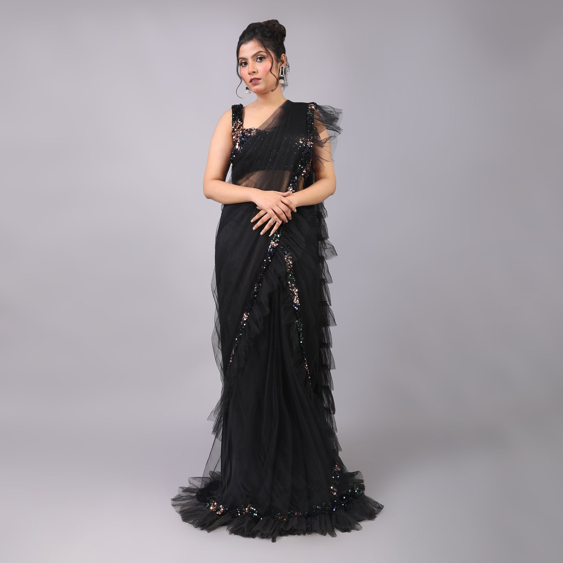 Classic Black Ruffled Pre-Draped Saree with Sequin Blouse