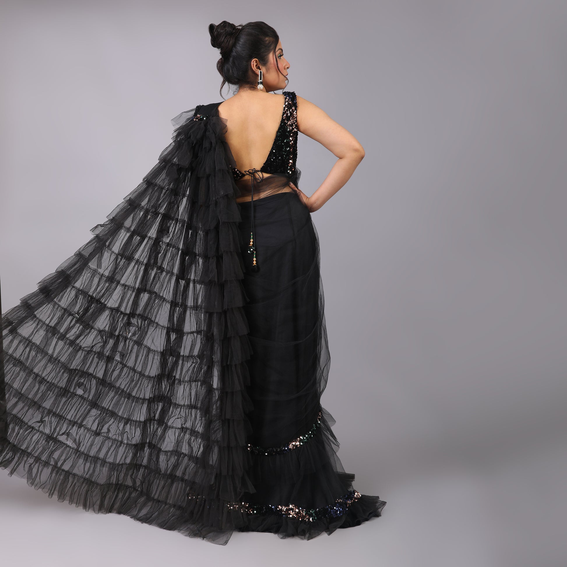 Classic Black Ruffled Pre-Draped Saree with Sequin Blouse