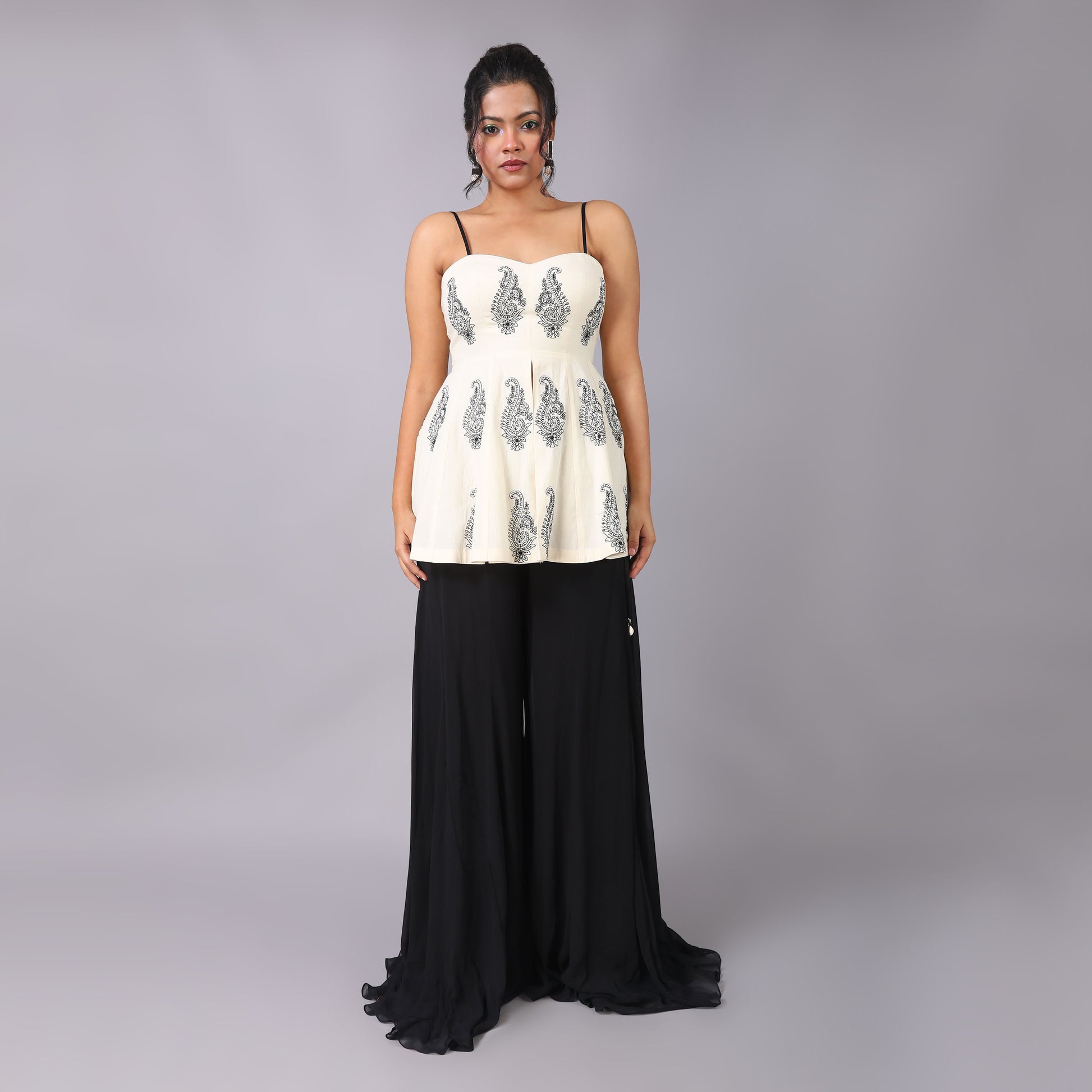 Ivory Peplum With Black Georgette Sharara and Beaded Dupatta