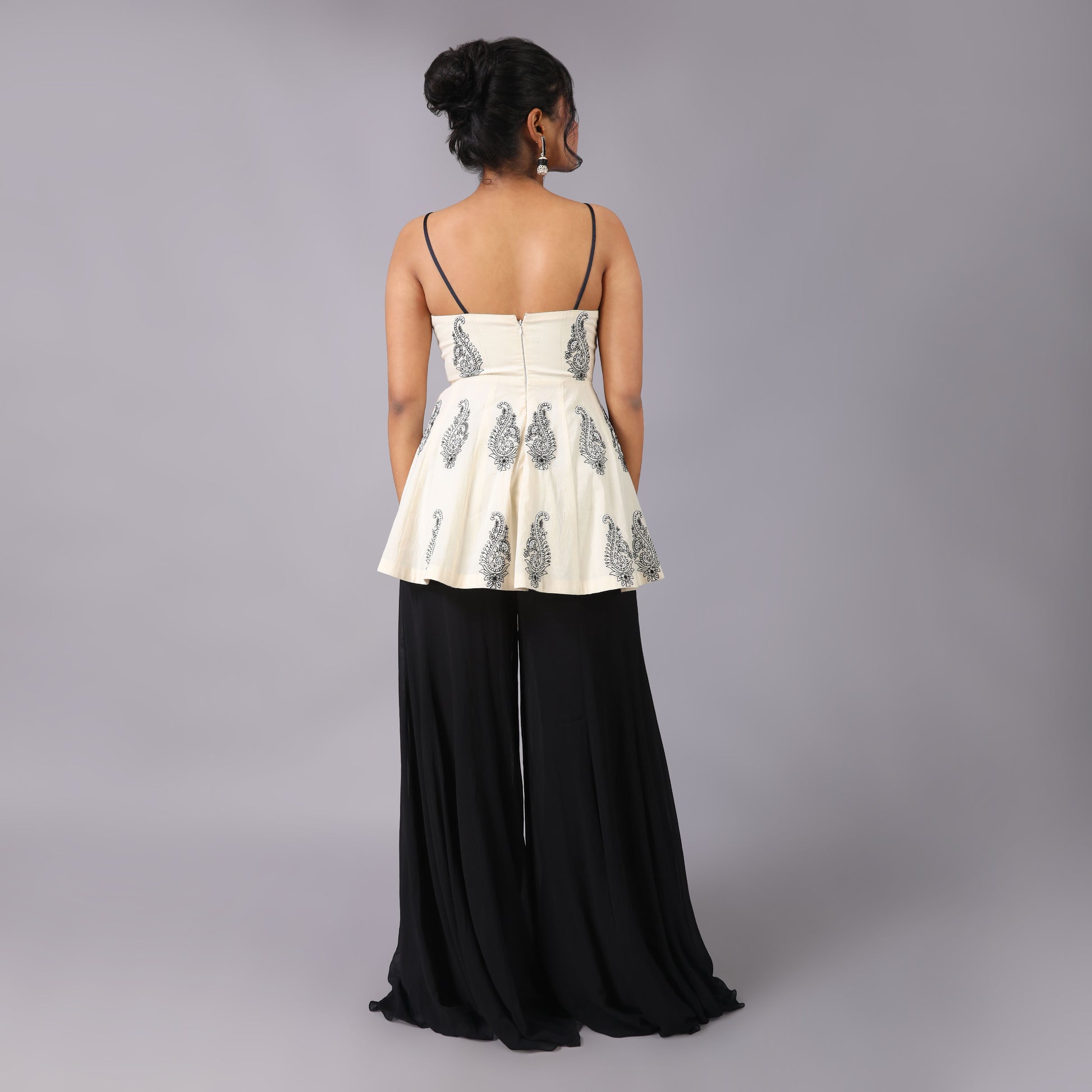 Ivory Peplum With Black Georgette Sharara and Beaded Dupatta