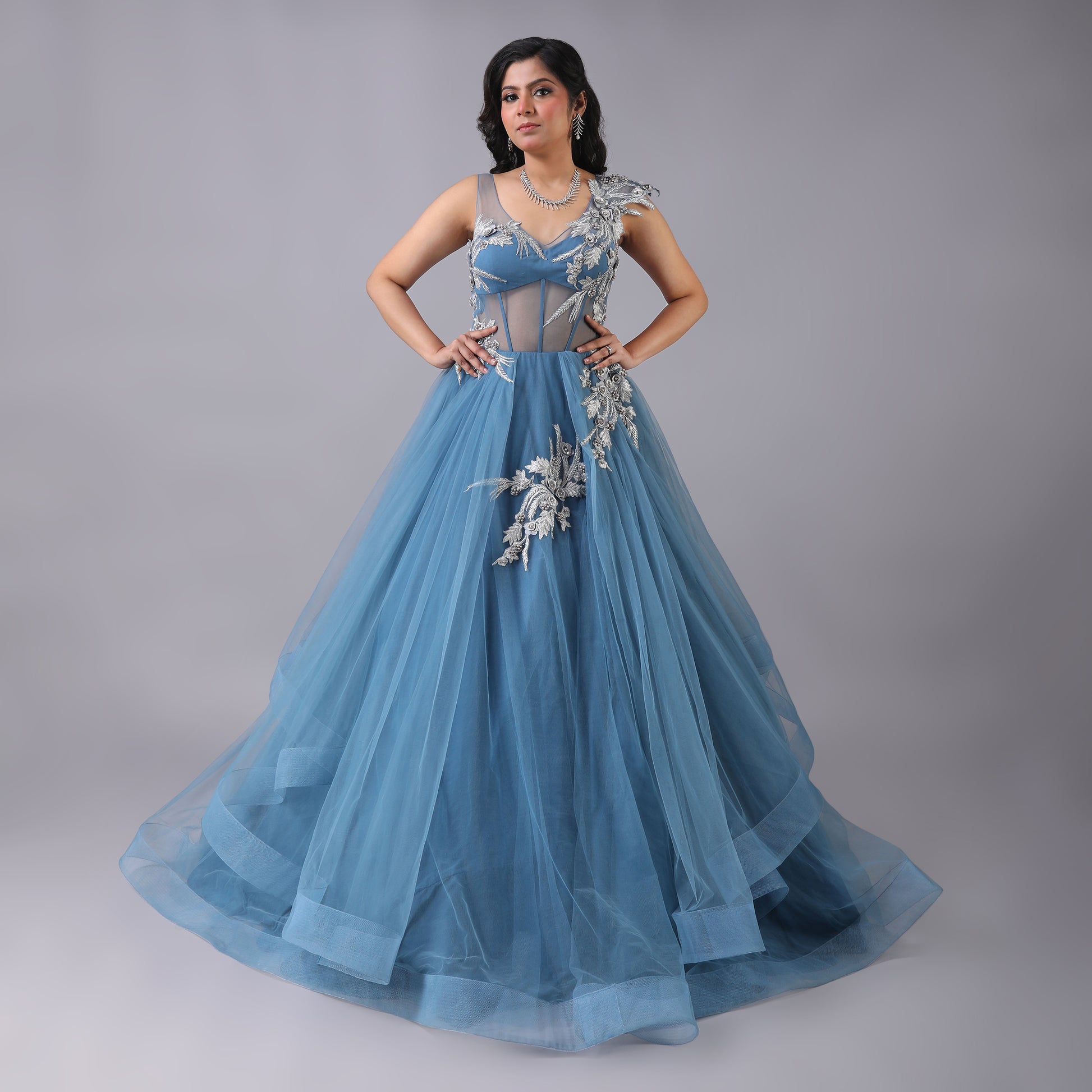 Asymmetrical Blue Tulle Gown with Silver Embellishments