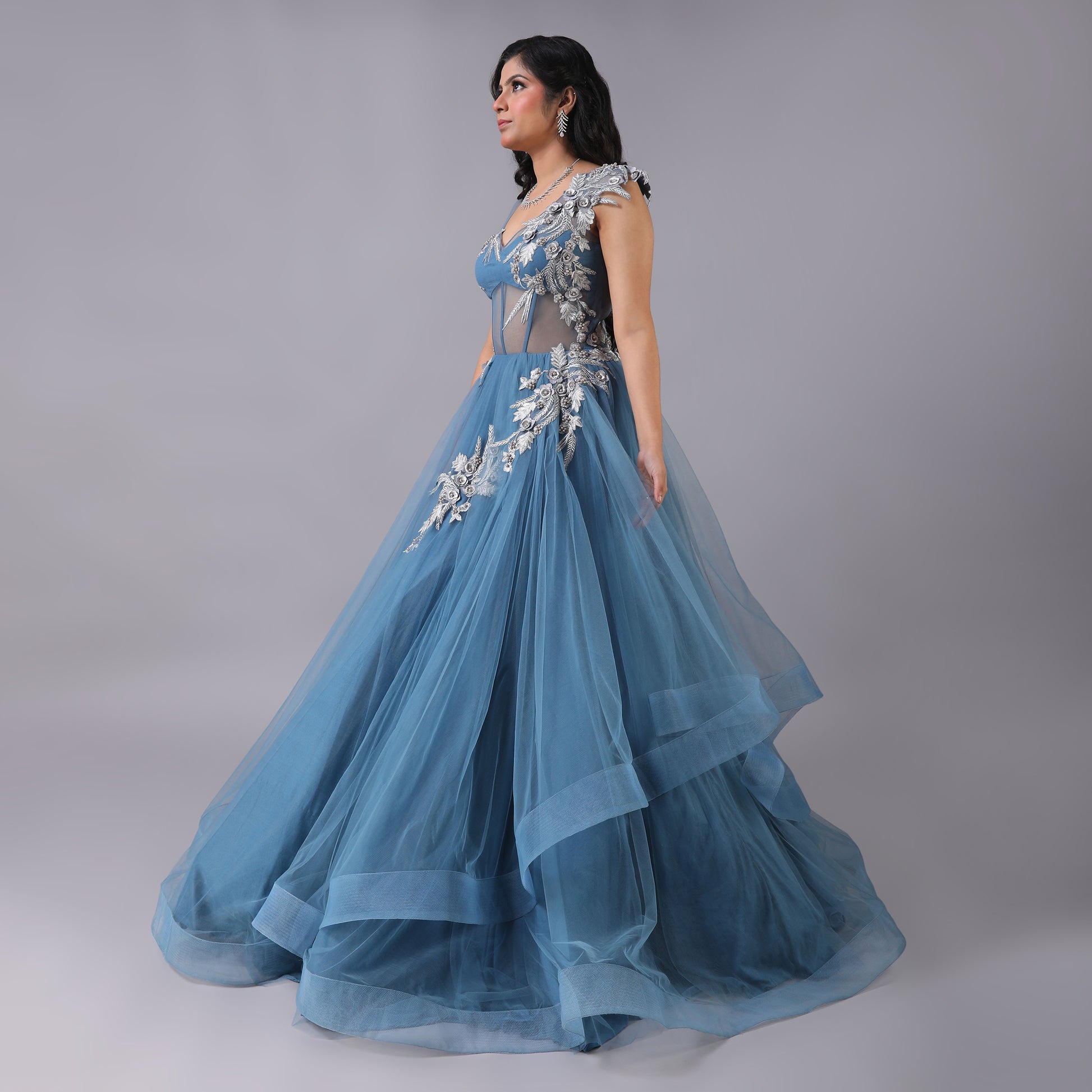 Asymmetrical Blue Tulle Gown with Silver Embellishments