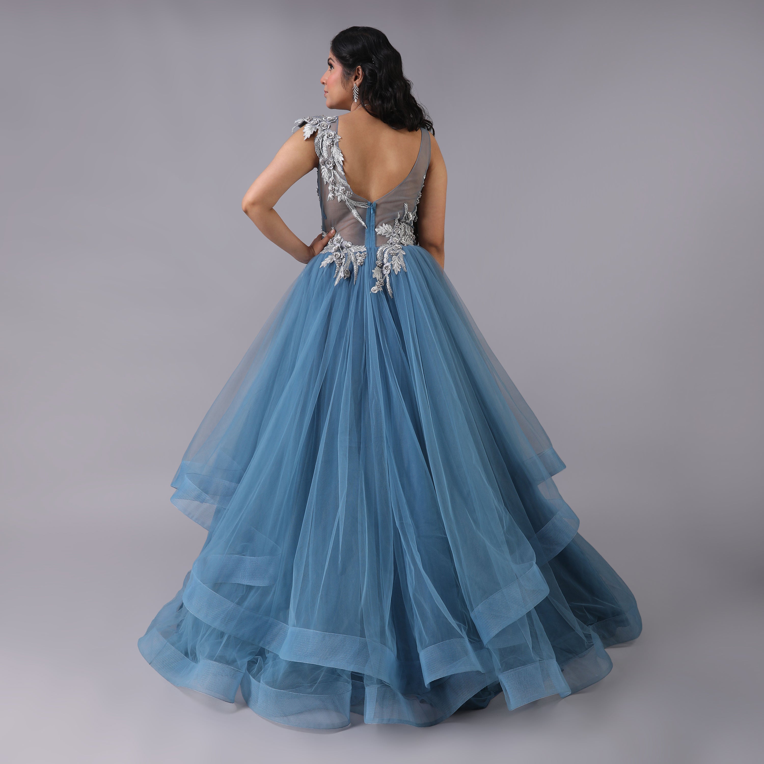 Asymmetrical Blue Tulle Gown with Silver Embellishments