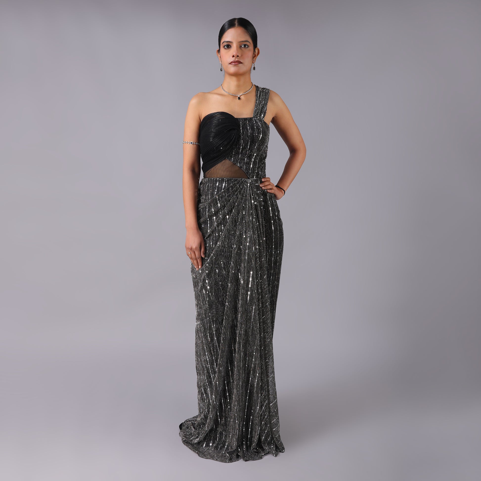 Metallic Grey One-Shoulder Sequin Pre-Draped Saree Gown