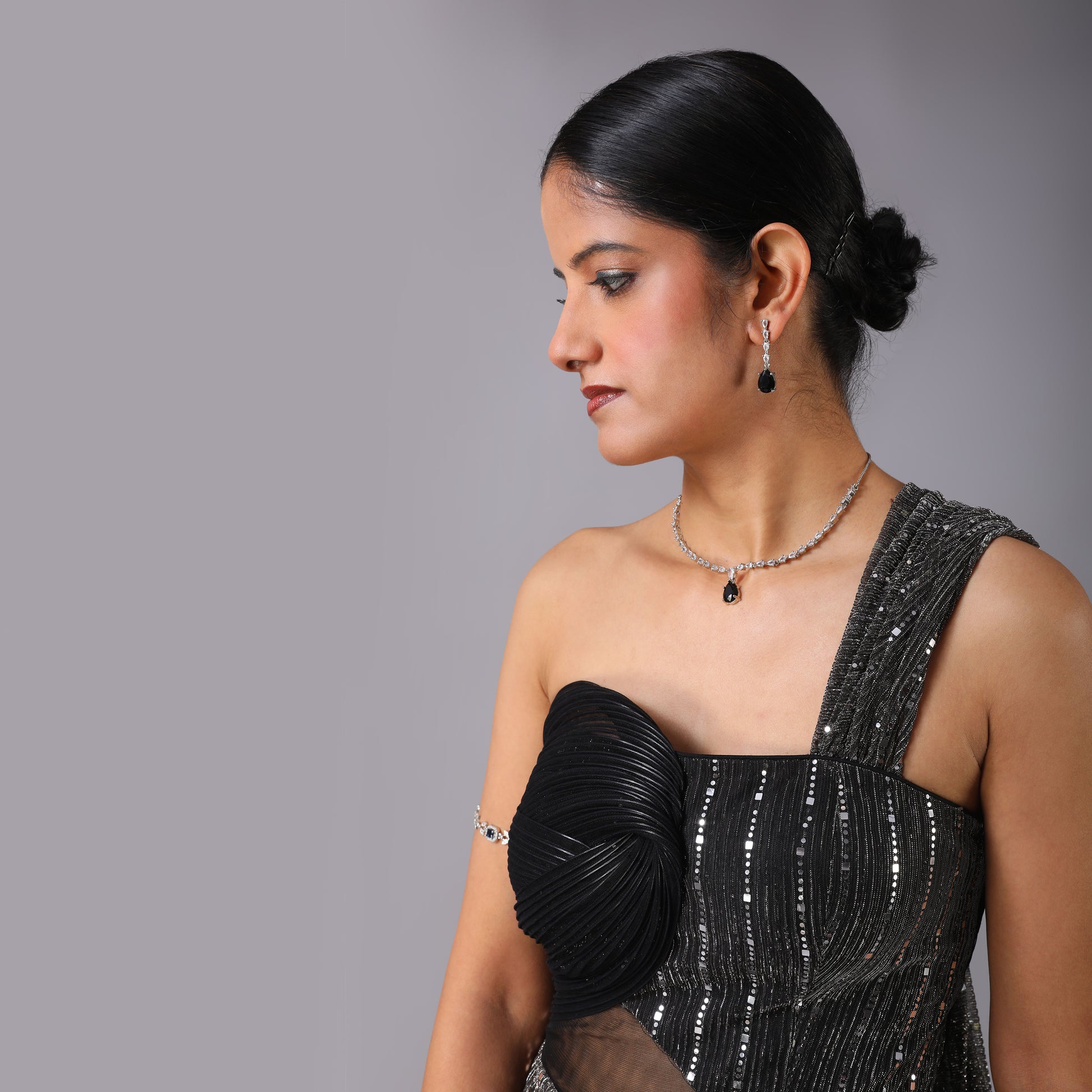 Metallic Grey One-Shoulder Sequin Pre-Draped Saree Gown