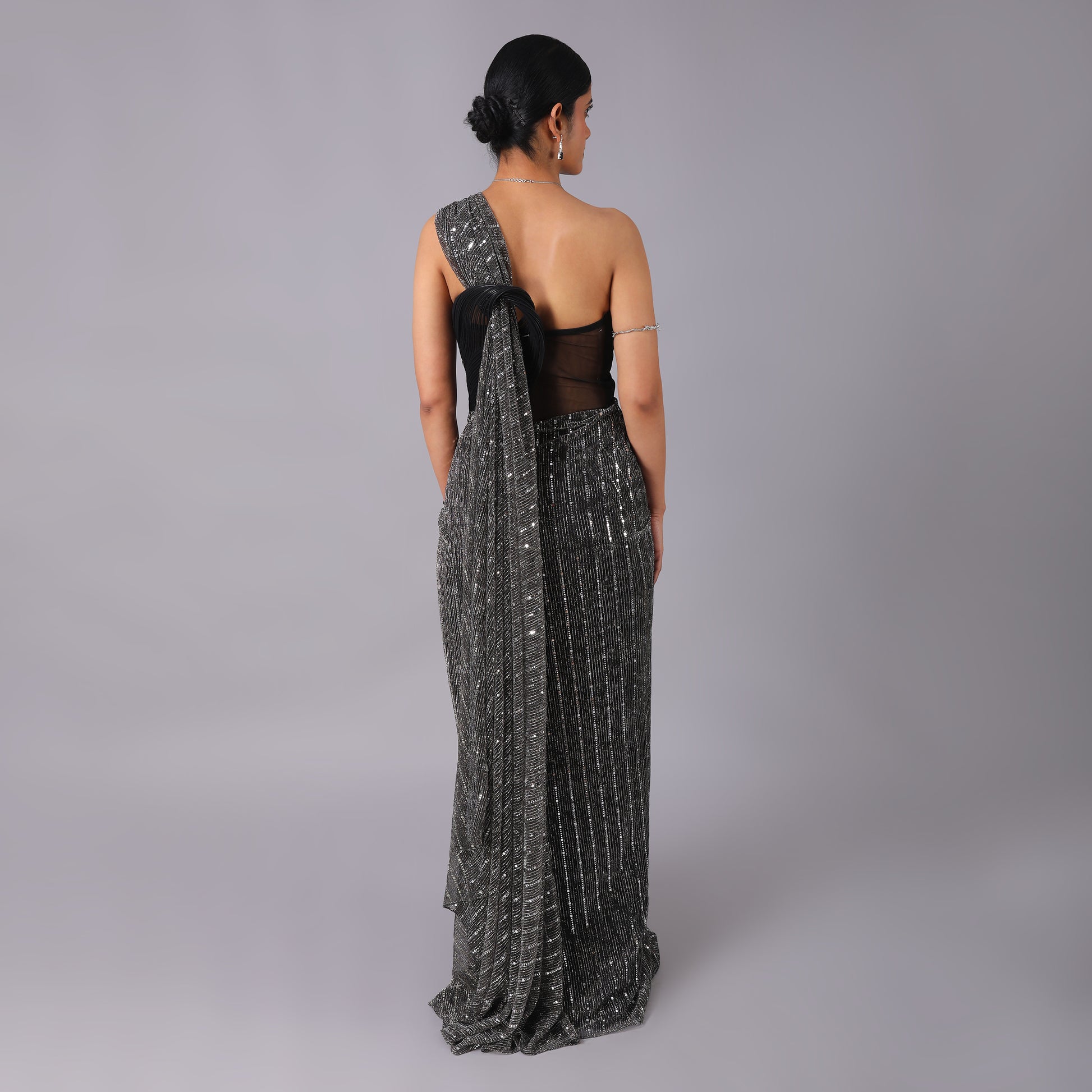 Metallic Grey One-Shoulder Sequin Pre-Draped Saree Gown