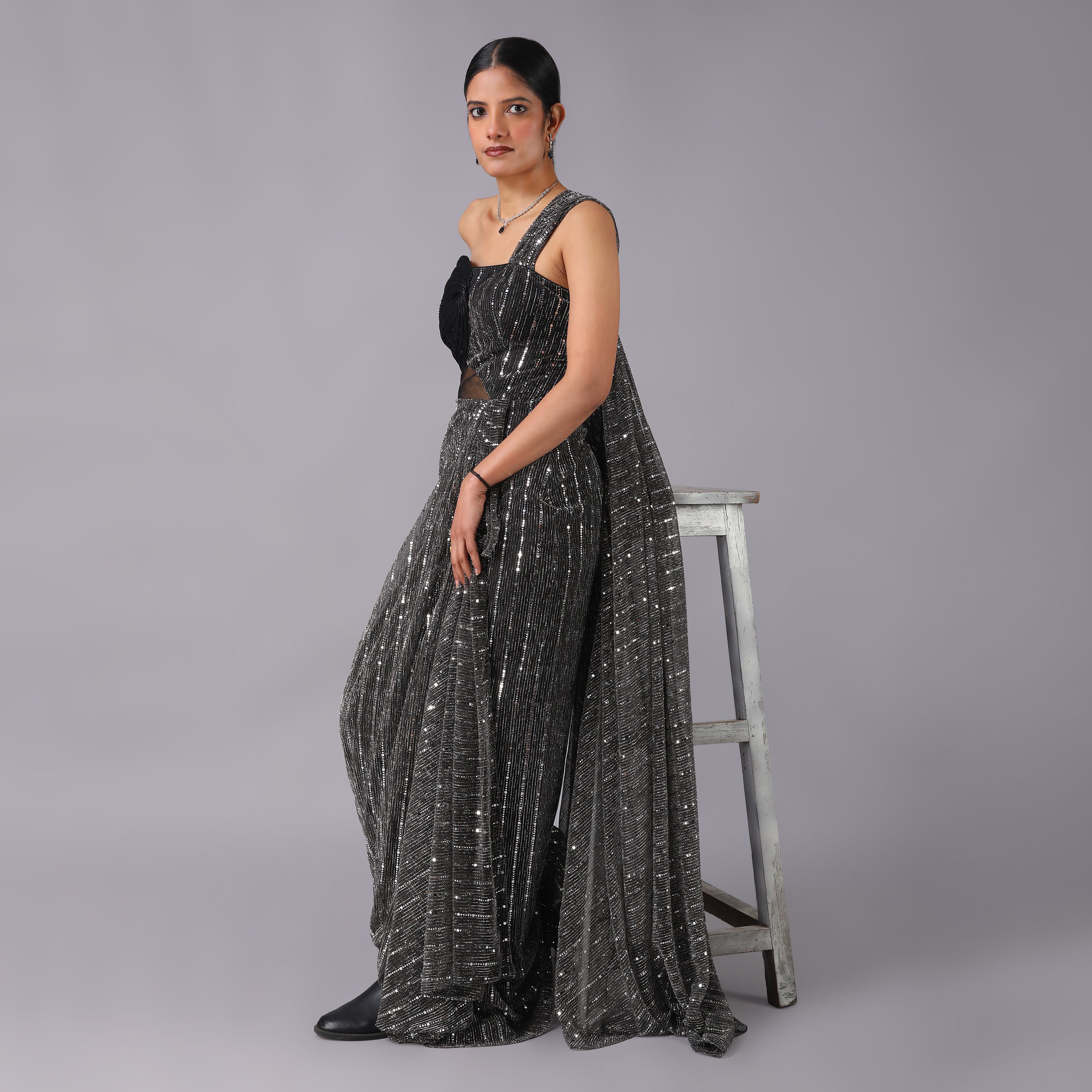 Metallic Grey One-Shoulder Sequin Pre-Draped Saree Gown