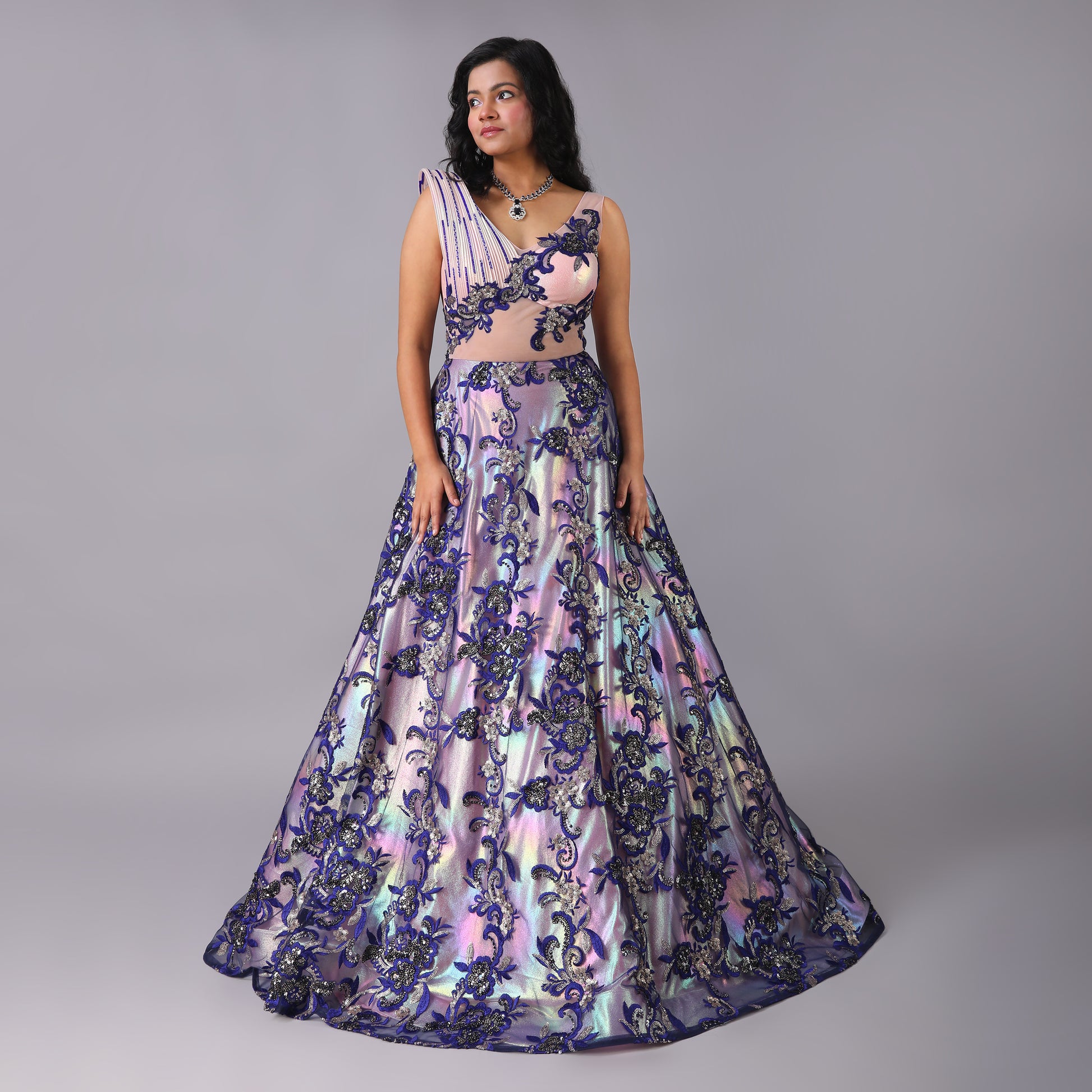 Holographic Couture Gown with Blue Floral Embroidery