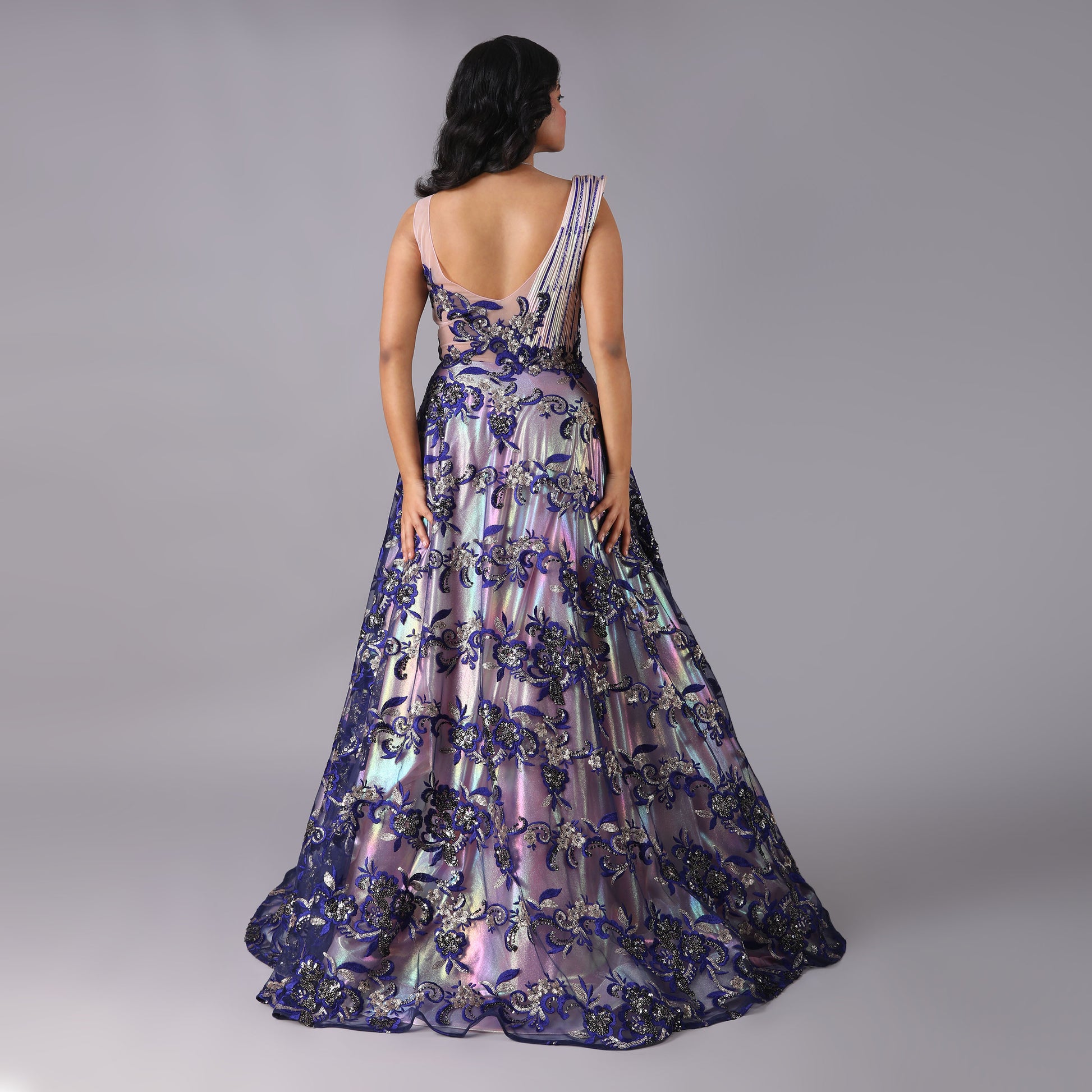 Holographic Couture Gown with Blue Floral Embroidery