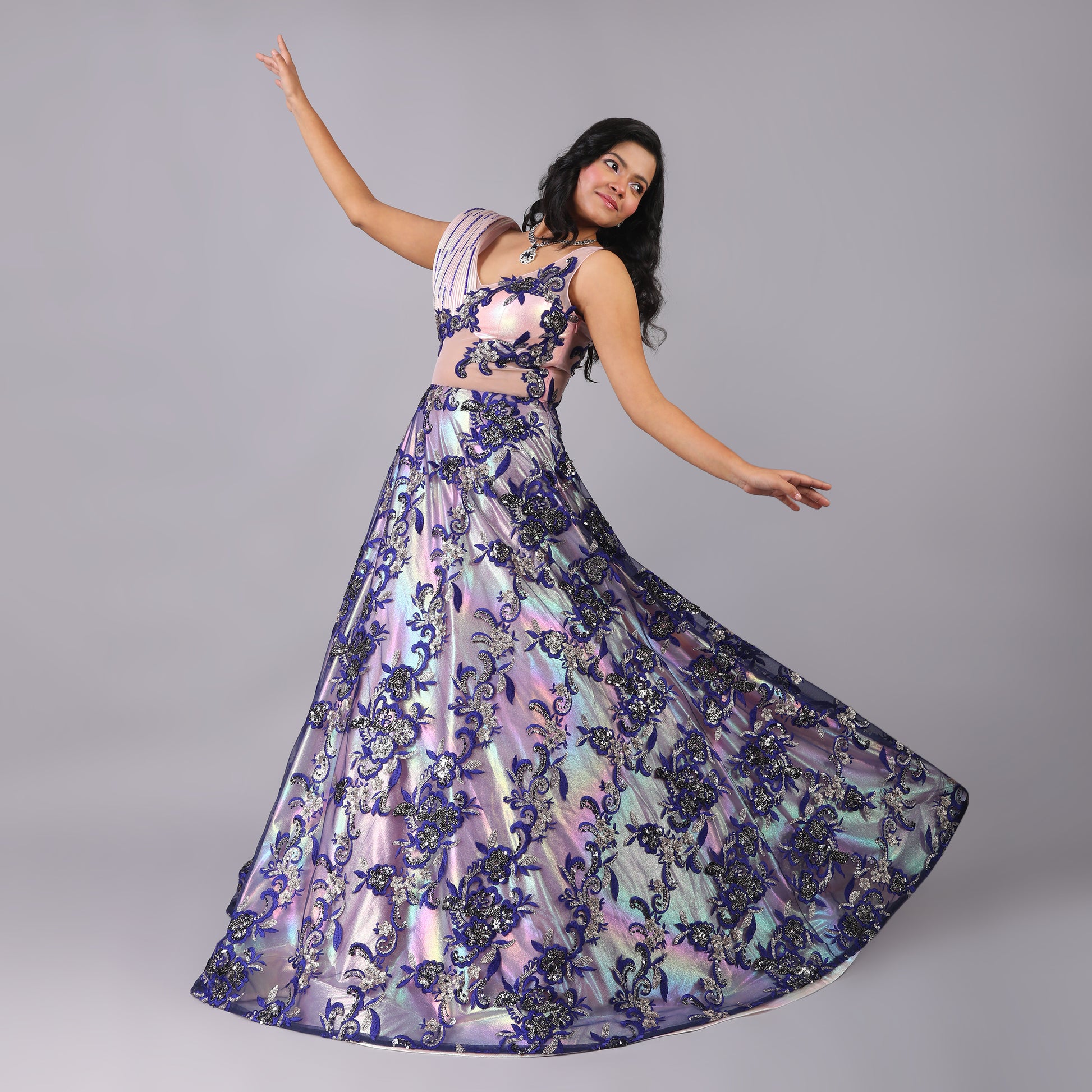 Holographic Couture Gown with Blue Floral Embroidery