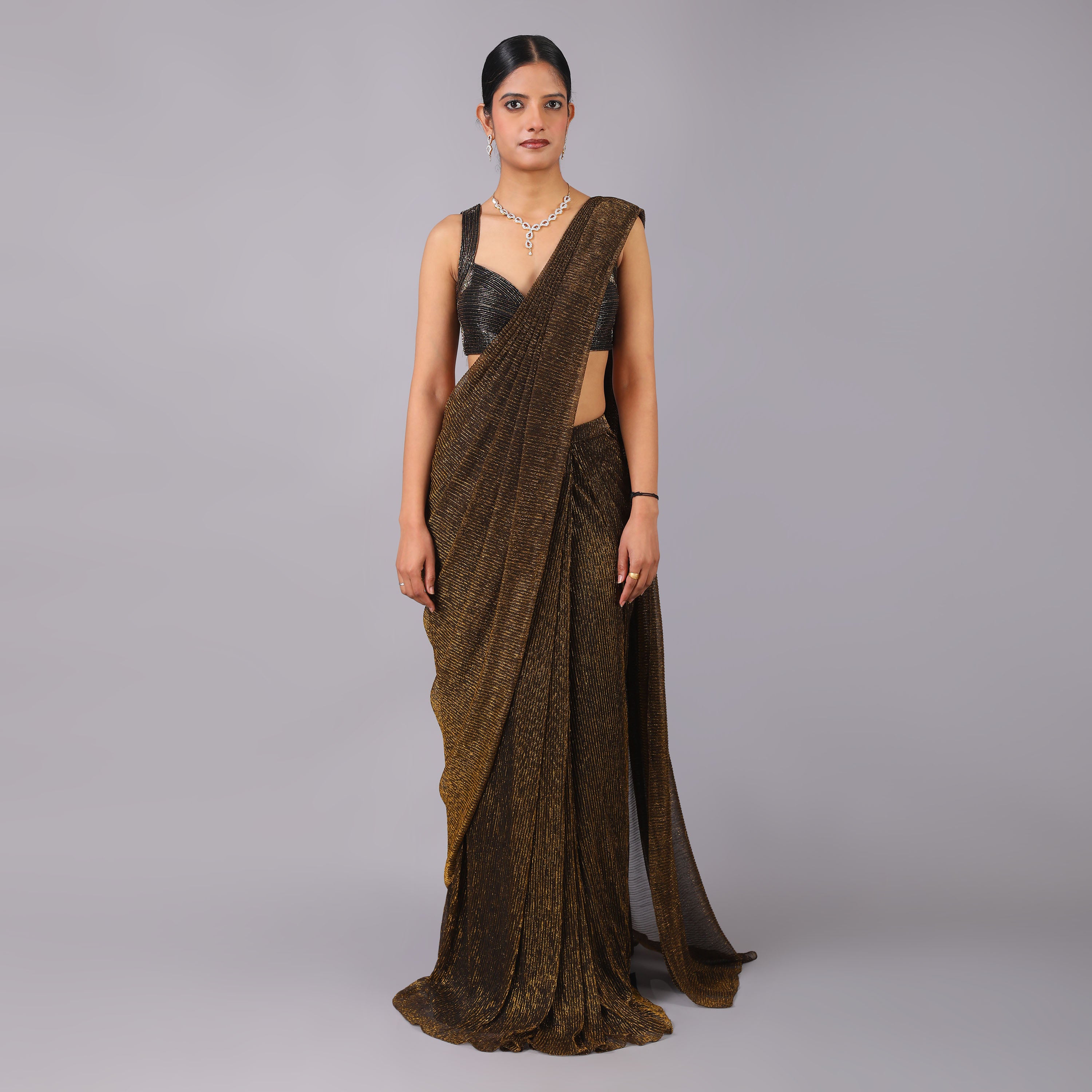 Shimmering Bronze Metallic Pre-Draped Saree with Geometric Hand-Embroidered Blouse