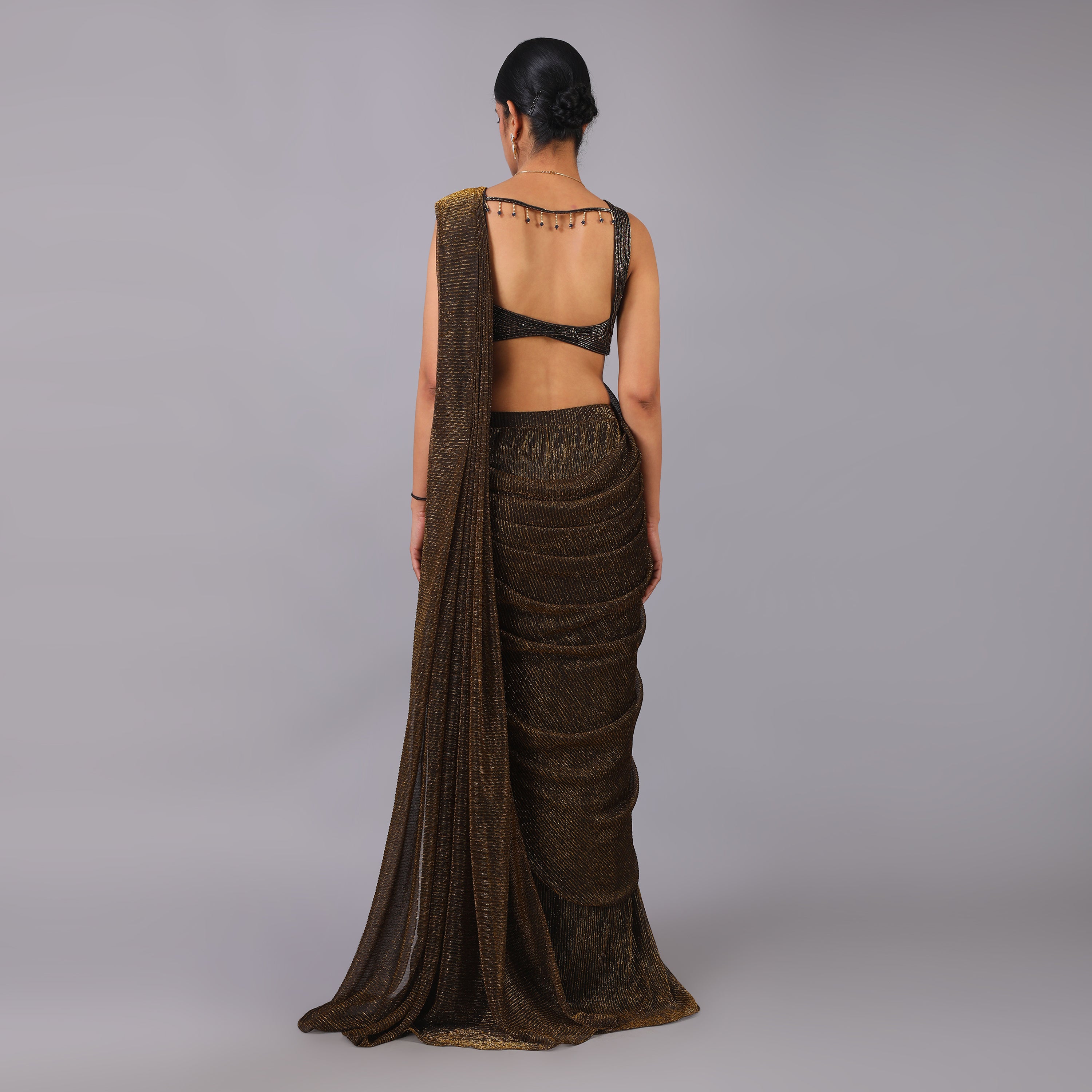 Shimmering Bronze Metallic Pre-Draped Saree with Geometric Hand-Embroidered Blouse