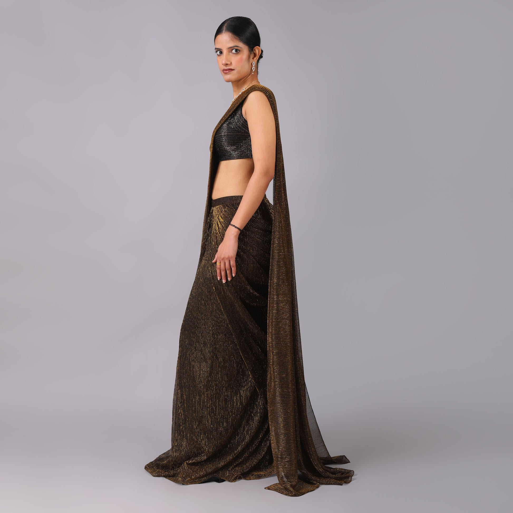 Shimmering Bronze Metallic Pre-Draped Saree with Geometric Hand-Embroidered Blouse