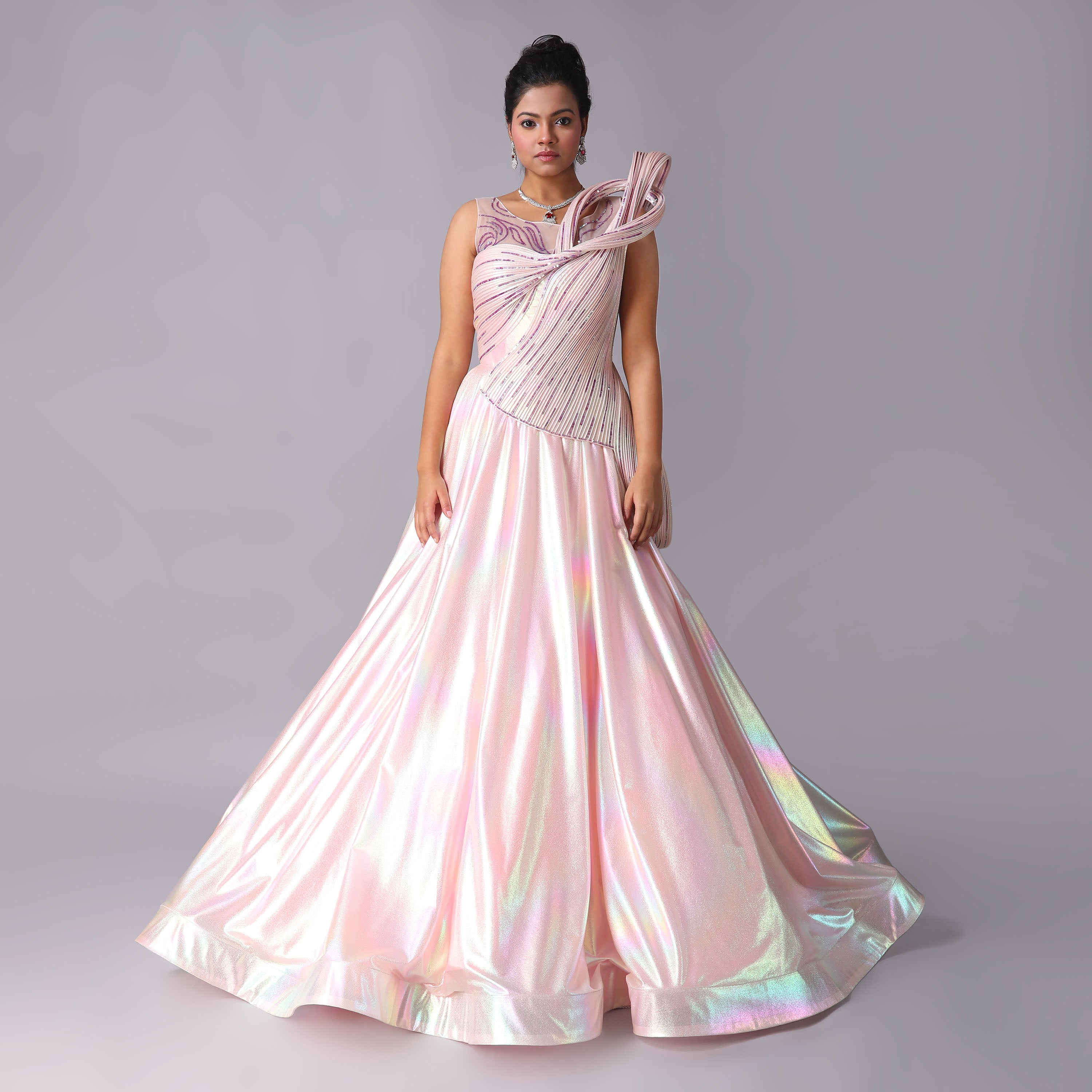 Holographic Blush Pink Sculpted Evening Gown