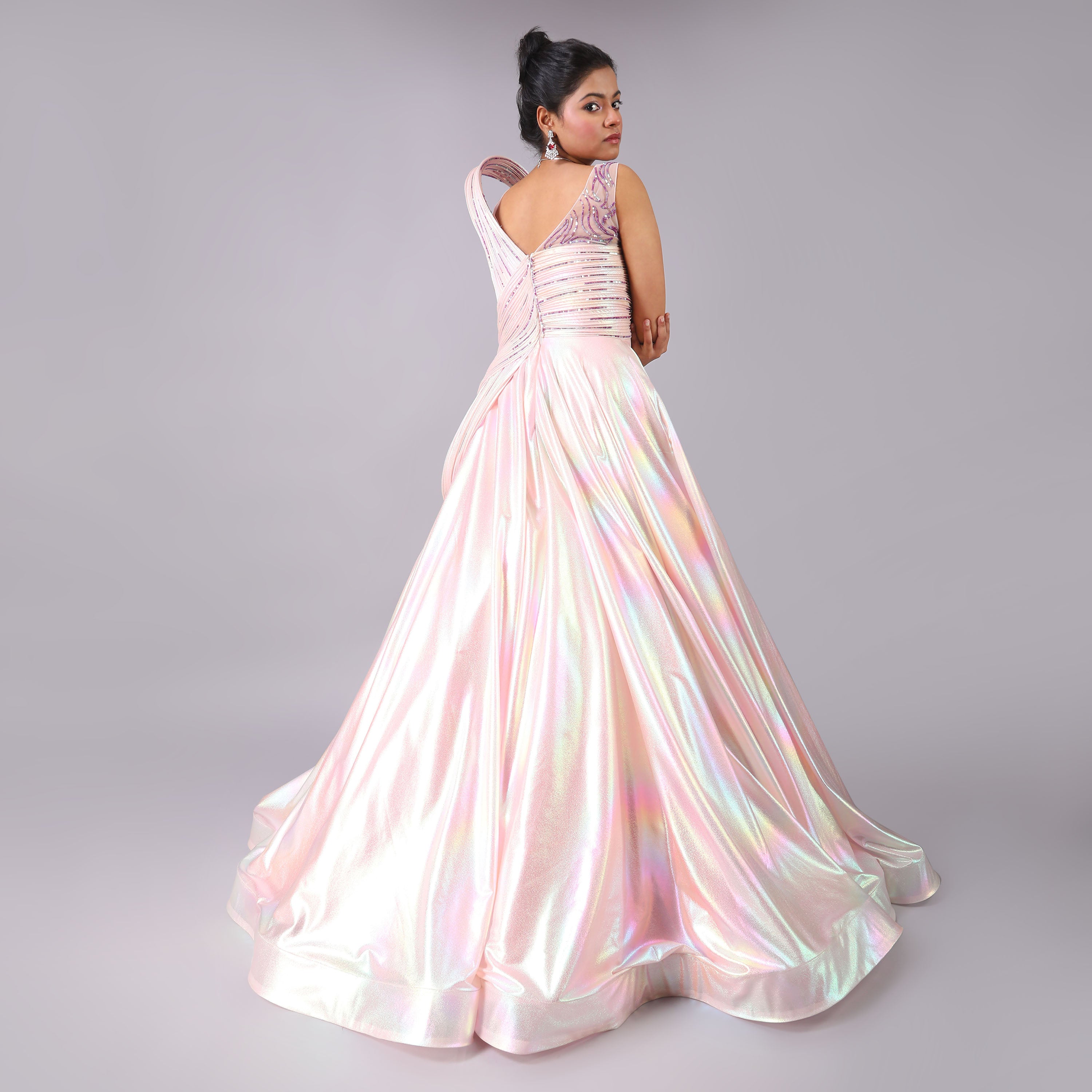 Holographic Blush Pink Sculpted Evening Gown