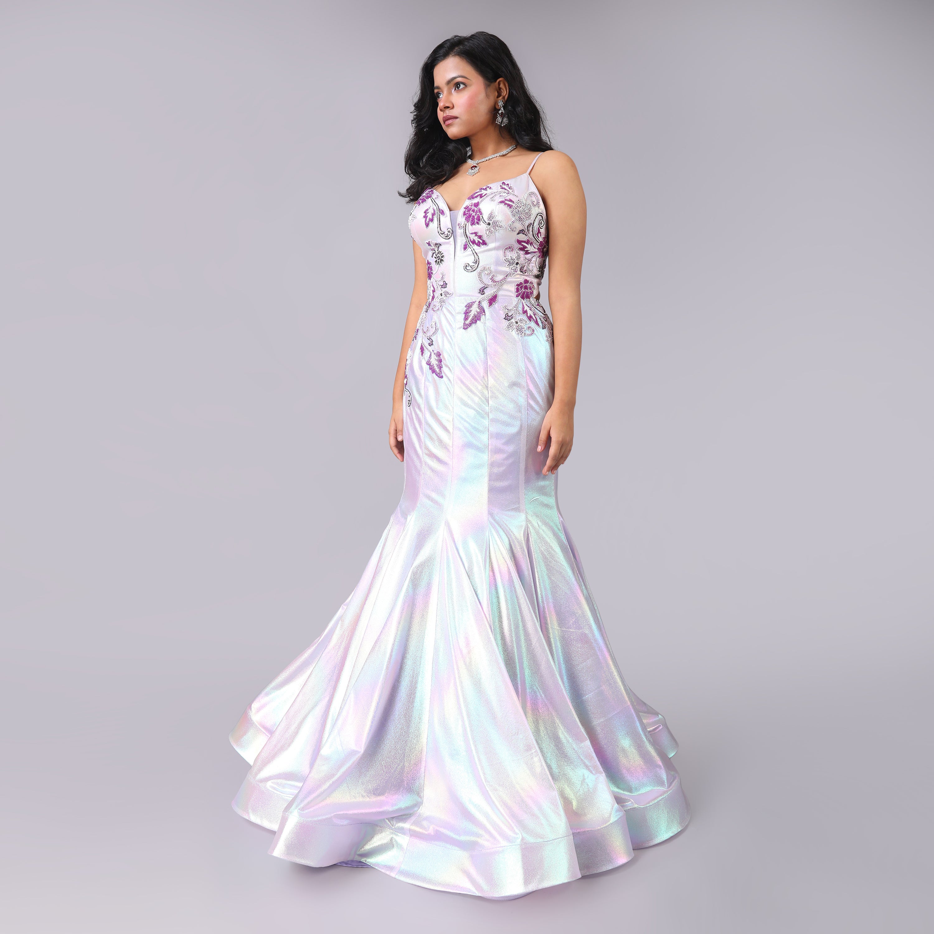 Holographic Purple Fish Cut Evening Gown with Floral Hand Embroidery