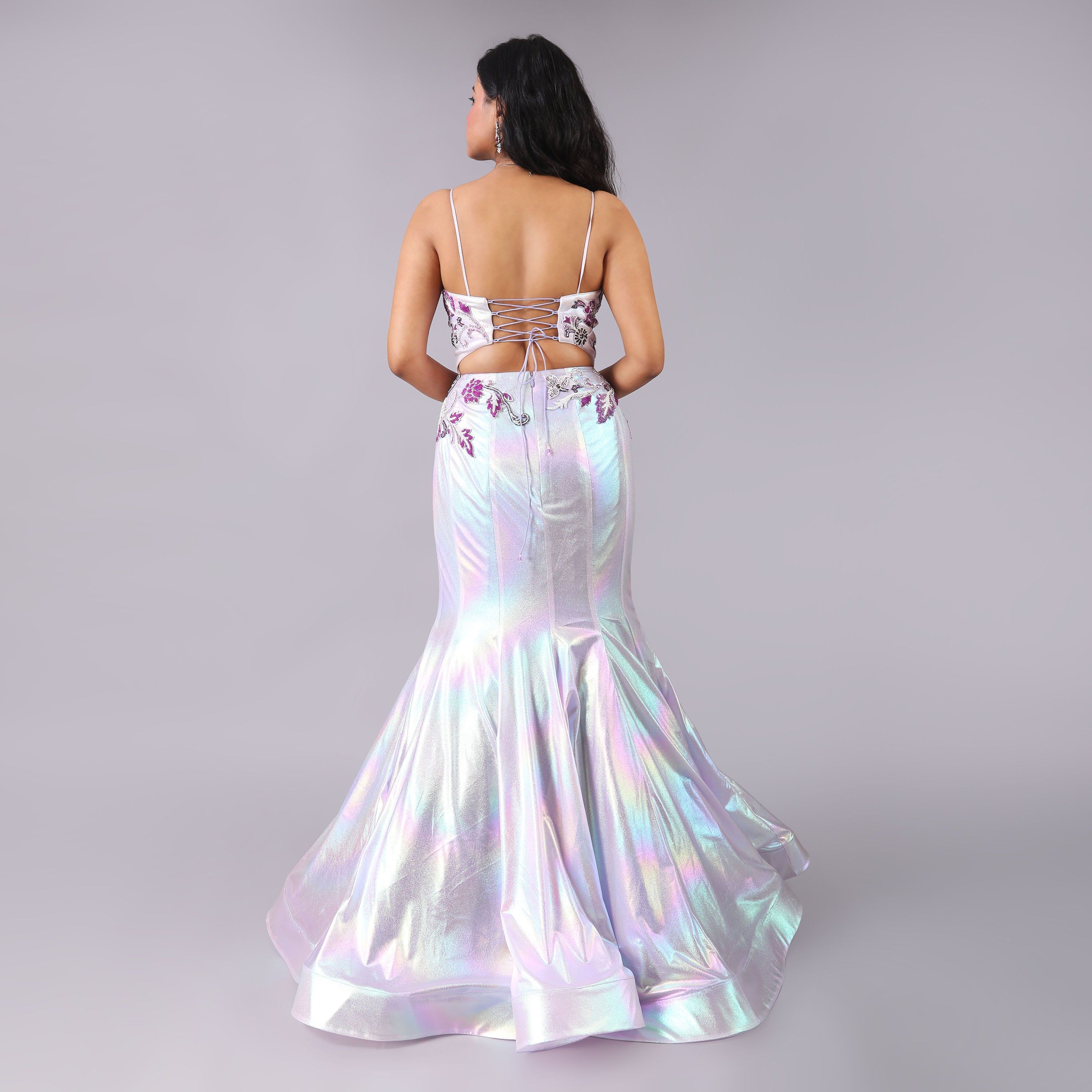 Holographic Purple Fish Cut Evening Gown with Floral Hand Embroidery