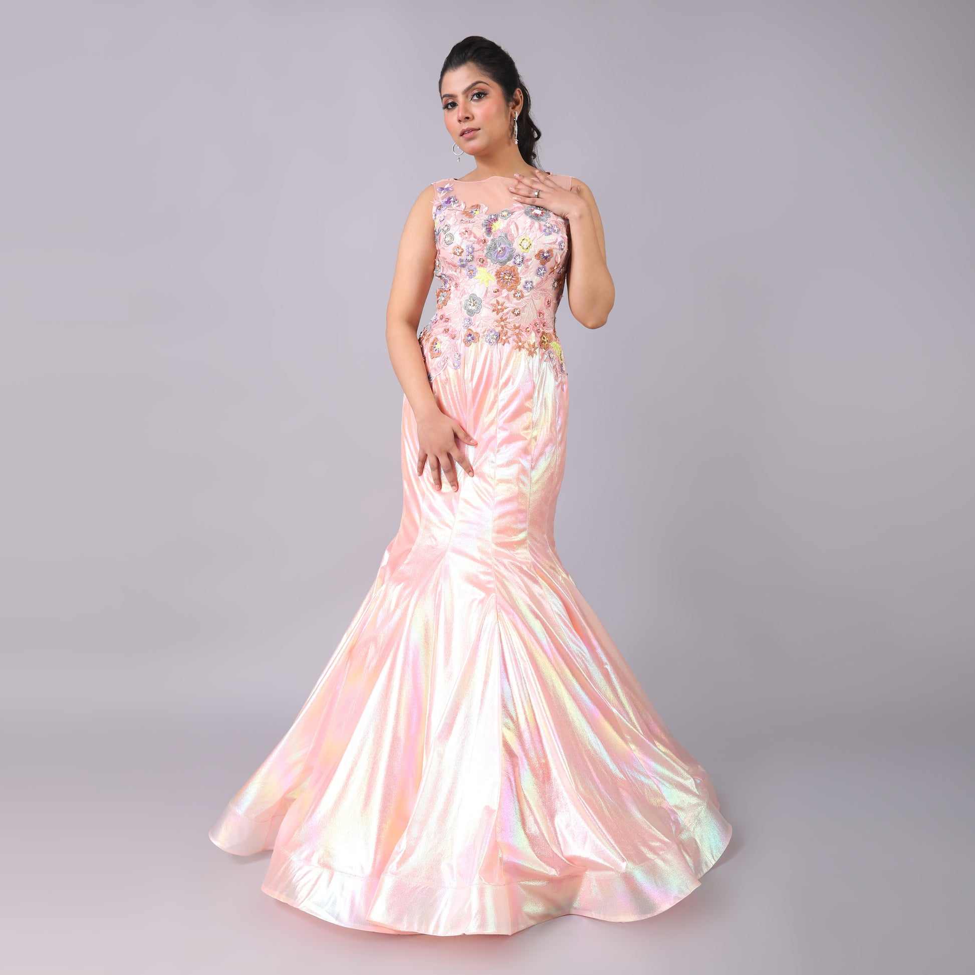 Holographic Pastel Fish Cut Gown with 3D Floral Embellishments