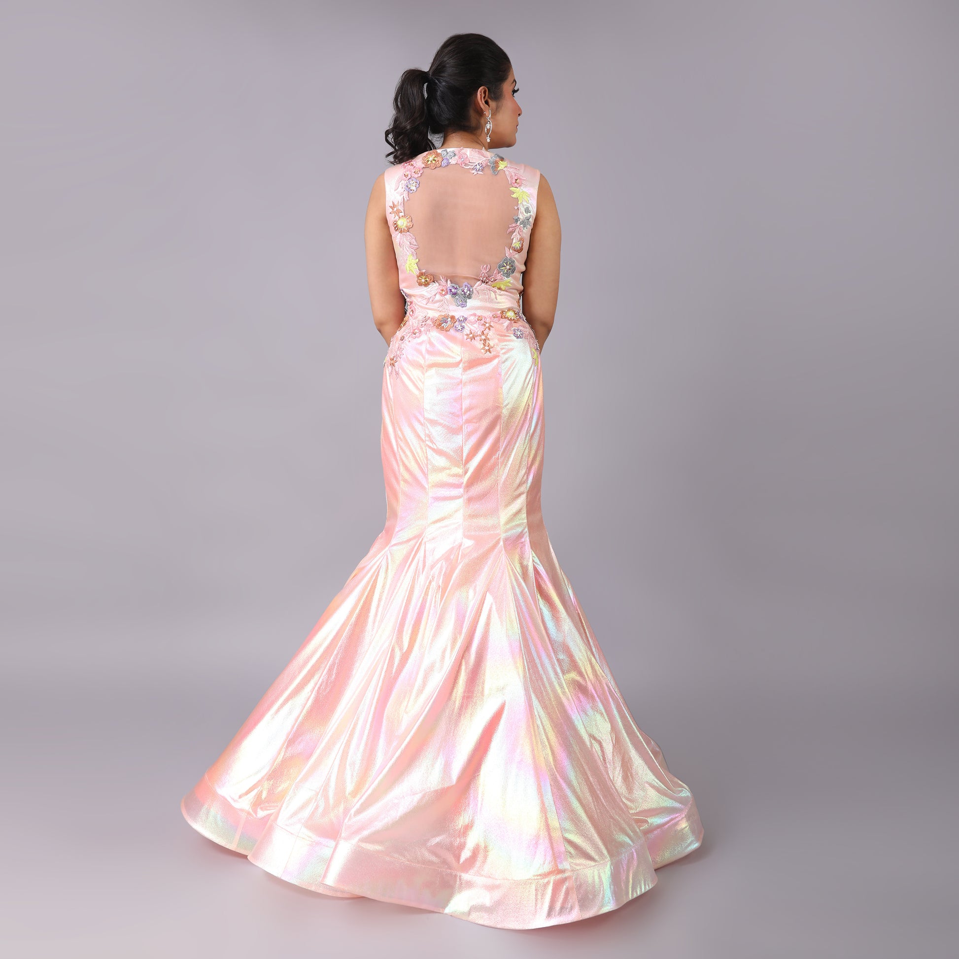 Holographic Pastel Fish Cut Gown with 3D Floral Embellishments