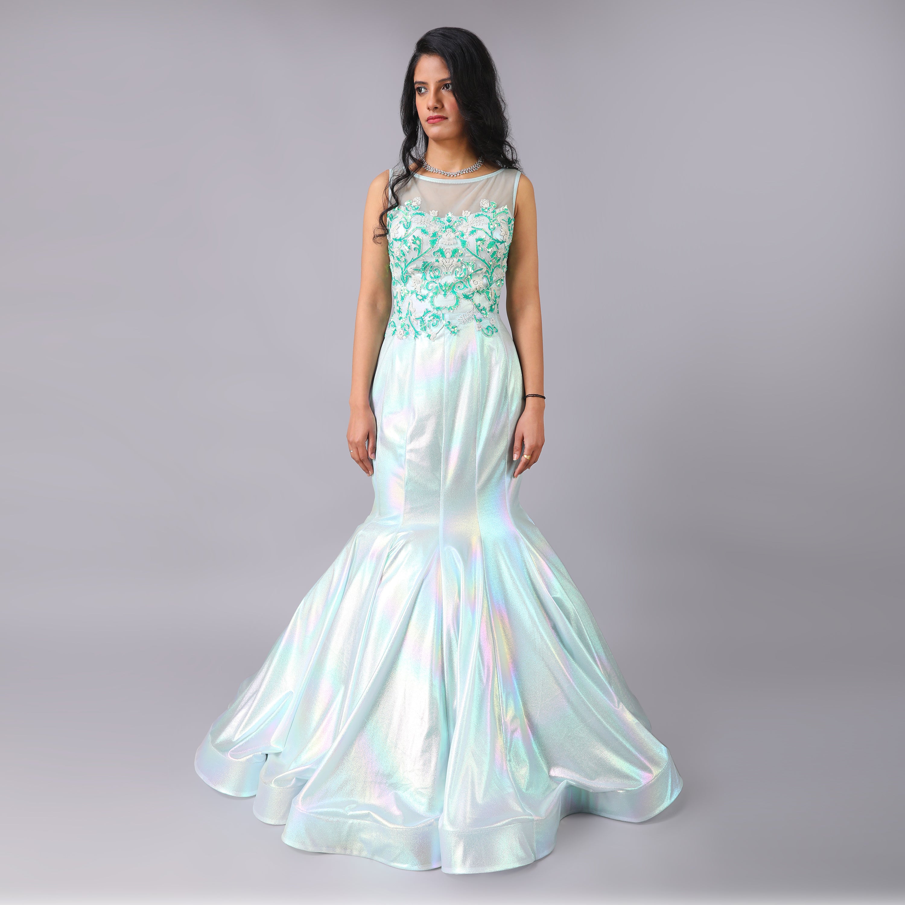 Holographic Green Fish Cut Evening Gown with Floral Hand Embroidery