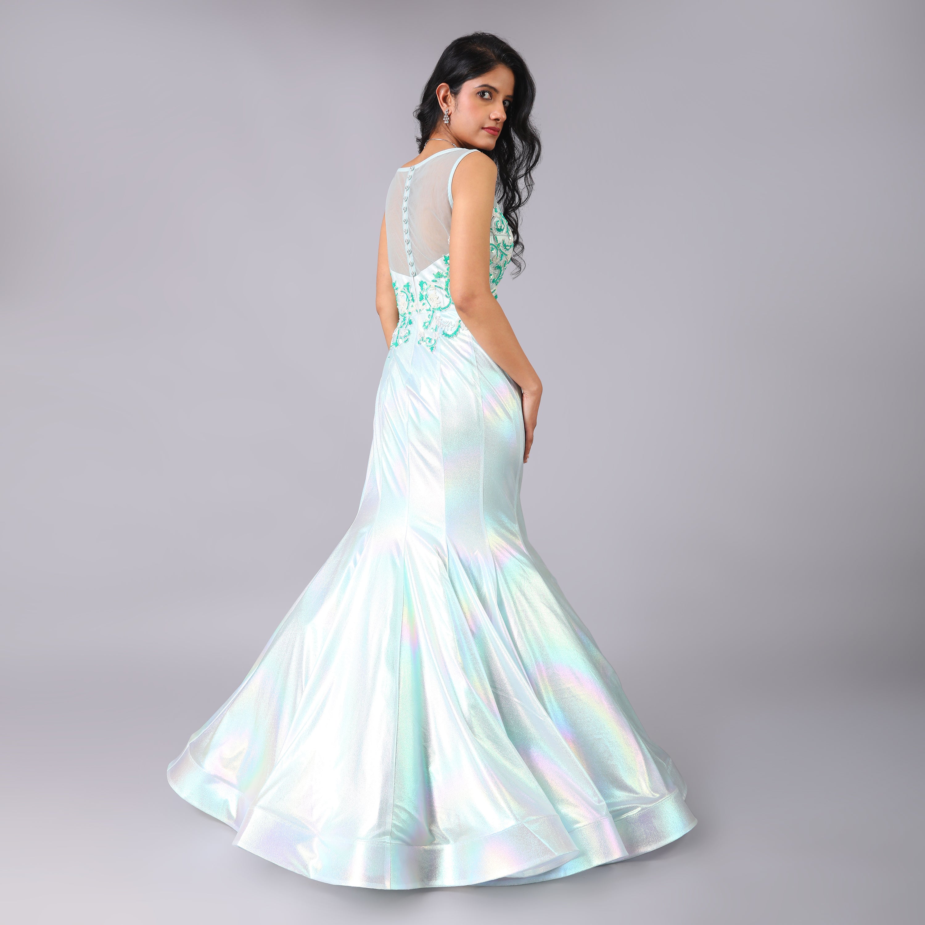 Holographic Green Fish Cut Evening Gown with Floral Hand Embroidery