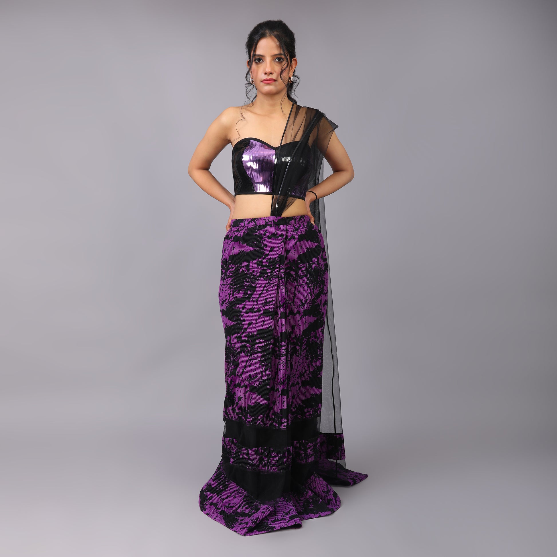 Bold Black and Purple Pre-Draped Saree with Metallic Off-Shoulder Blouse