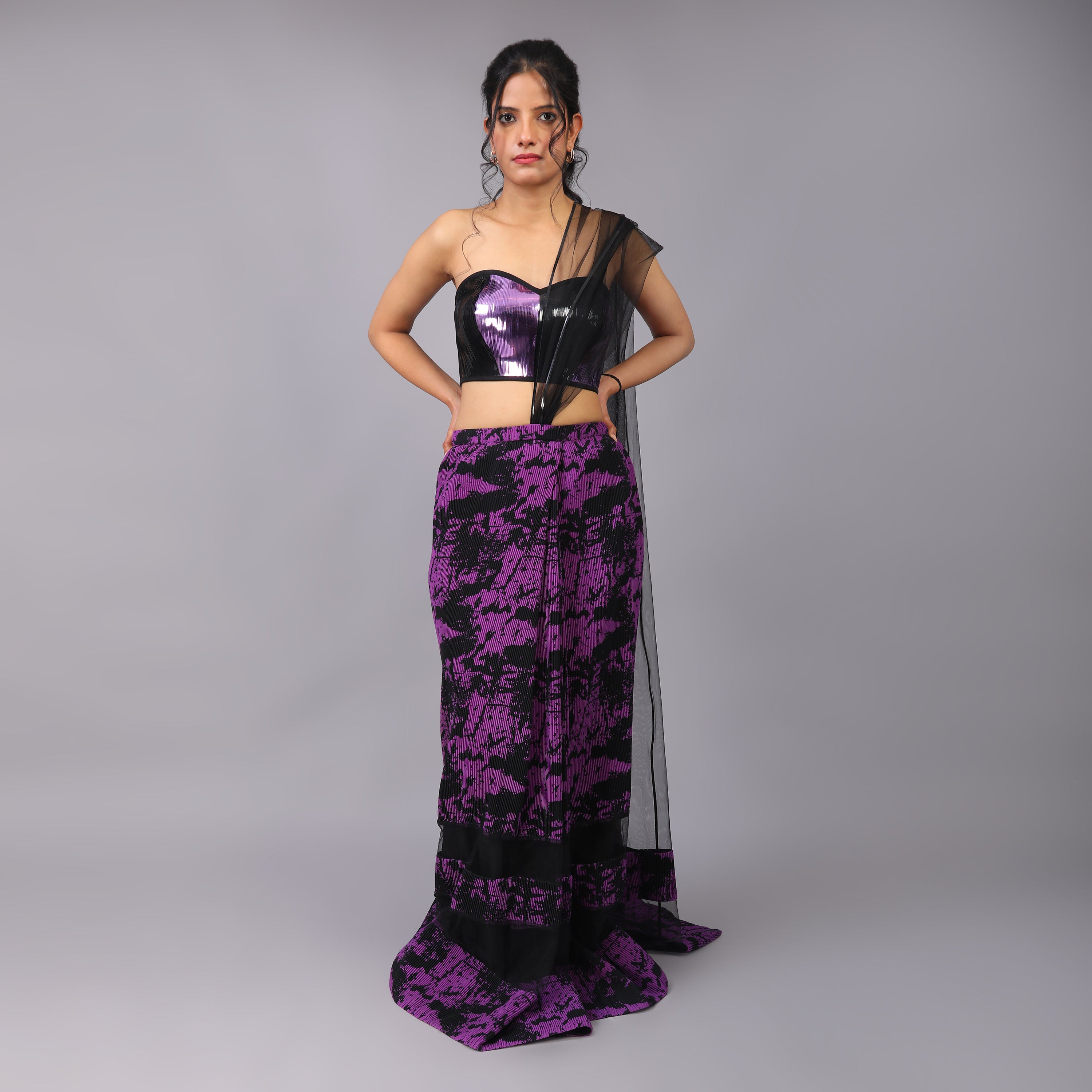 Bold Black and Purple Pre-Draped Saree with Metallic Off-Shoulder Blouse