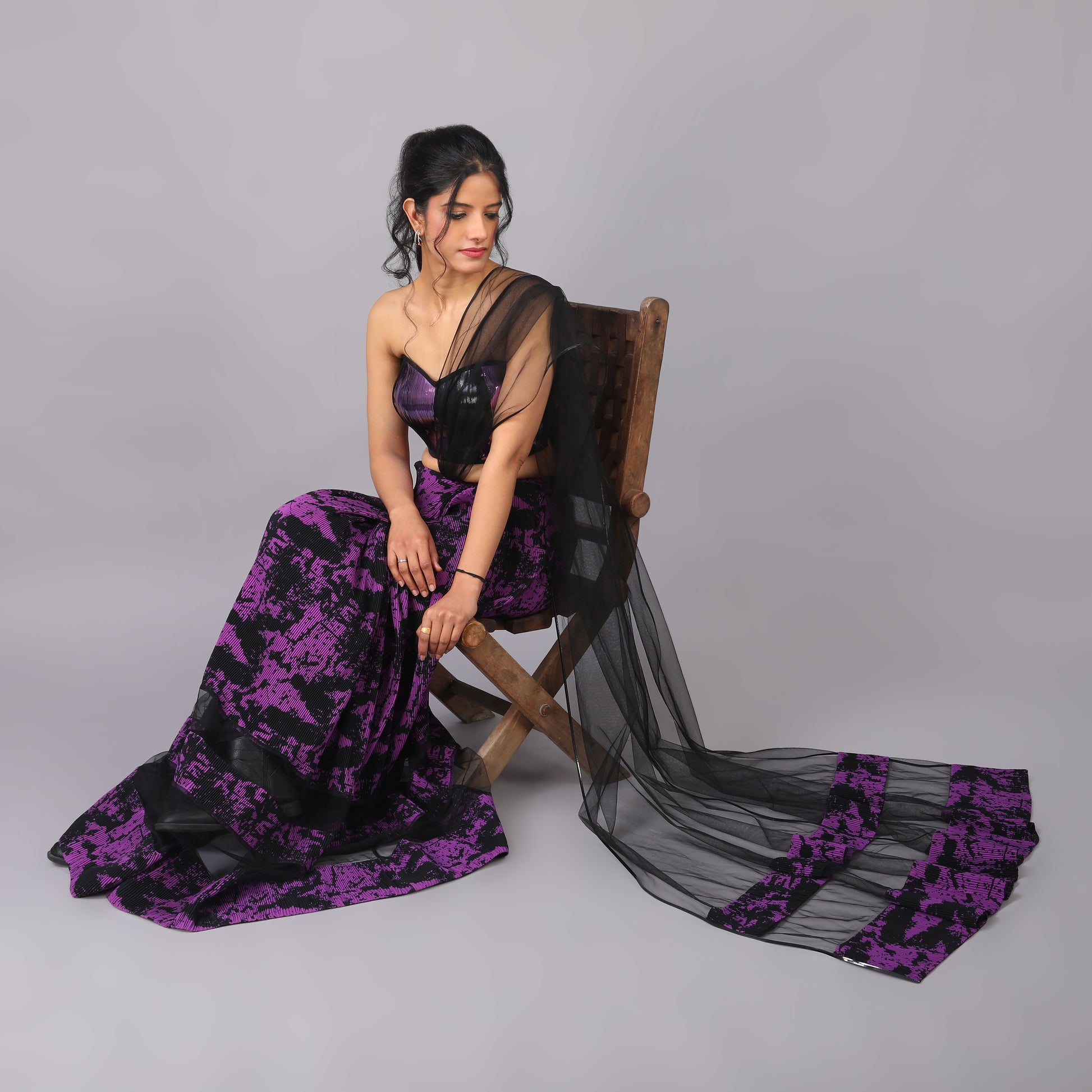 Bold Black and Purple Pre-Draped Saree with Metallic Off-Shoulder Blouse