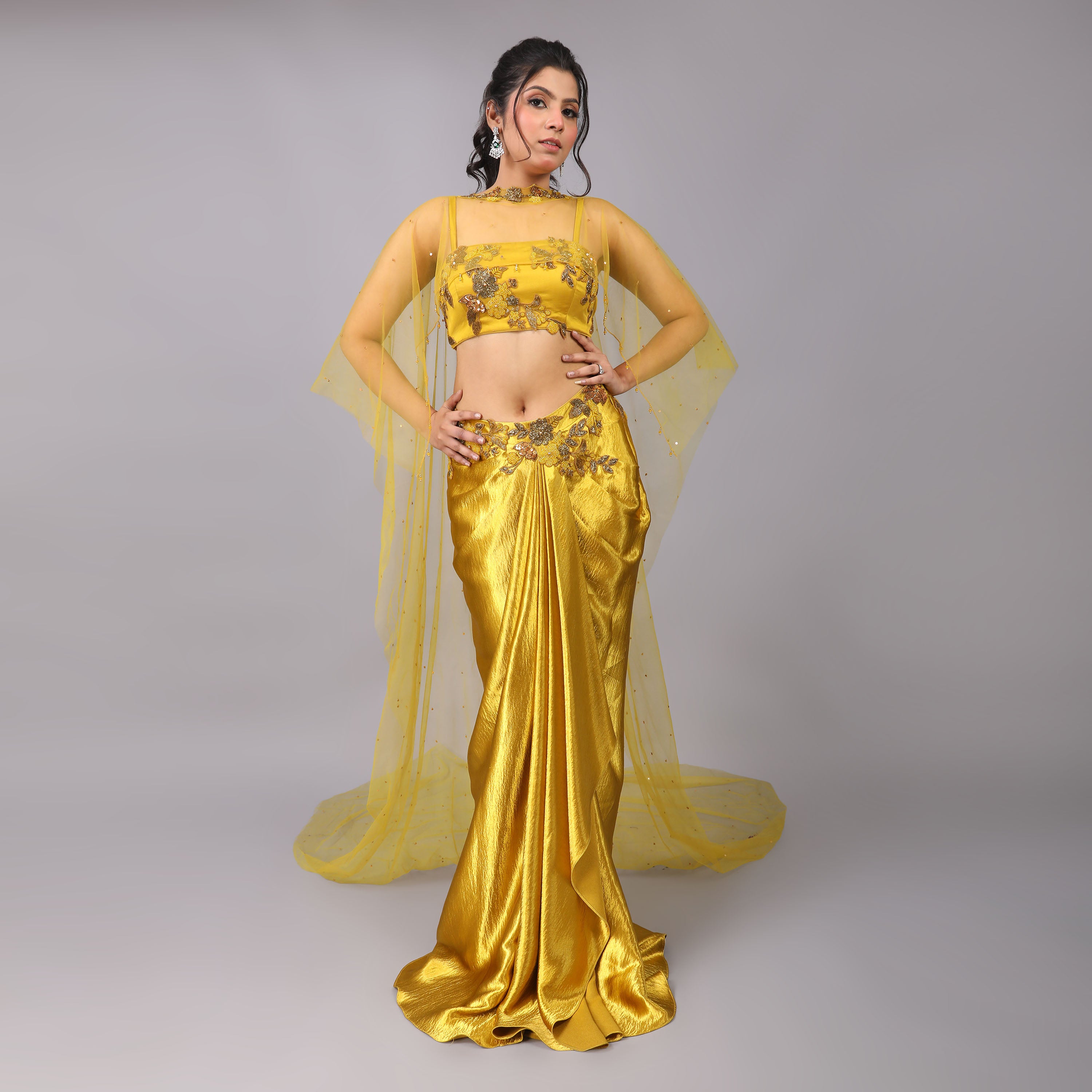 Golden Drape Skirt with Hand-Embroidered Blouse and Sheer Trailed Cape