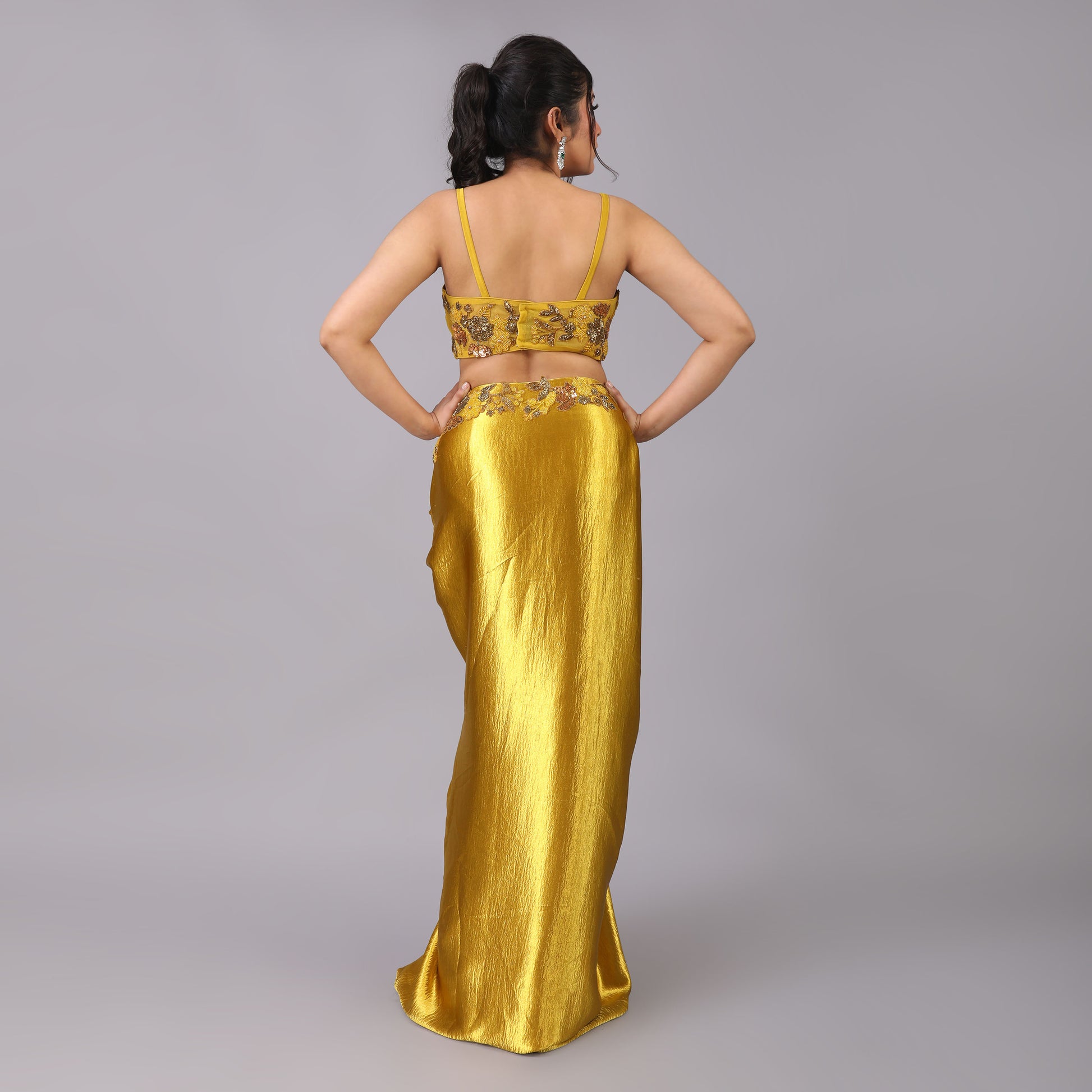 Golden Drape Skirt with Hand-Embroidered Blouse and Sheer Trailed Cape