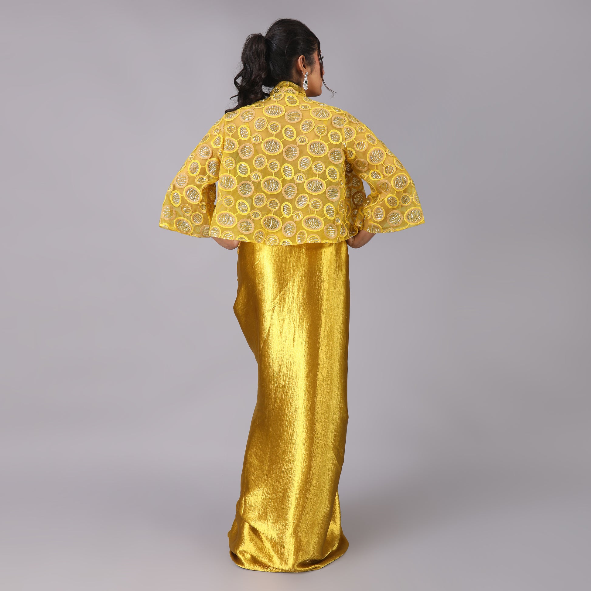 Golden Drape Skirt with Hand-Embroidered Blouse and Threadwork Jacket