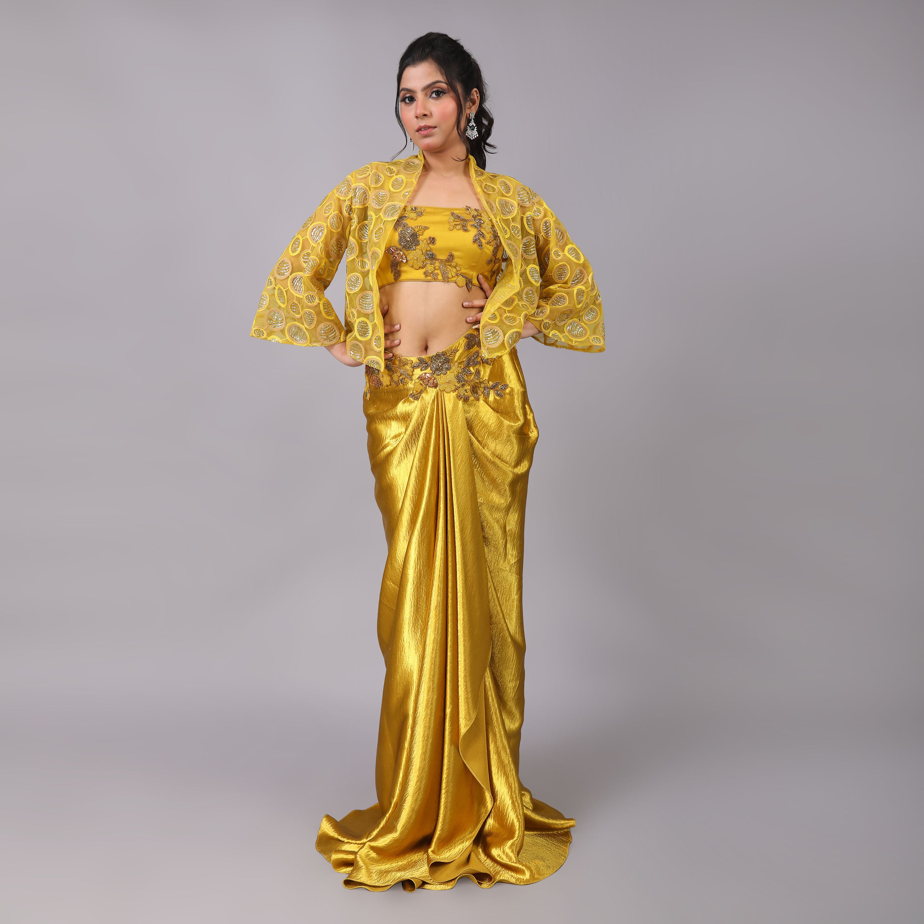 Golden Drape Skirt with Hand-Embroidered Blouse and Threadwork Jacket