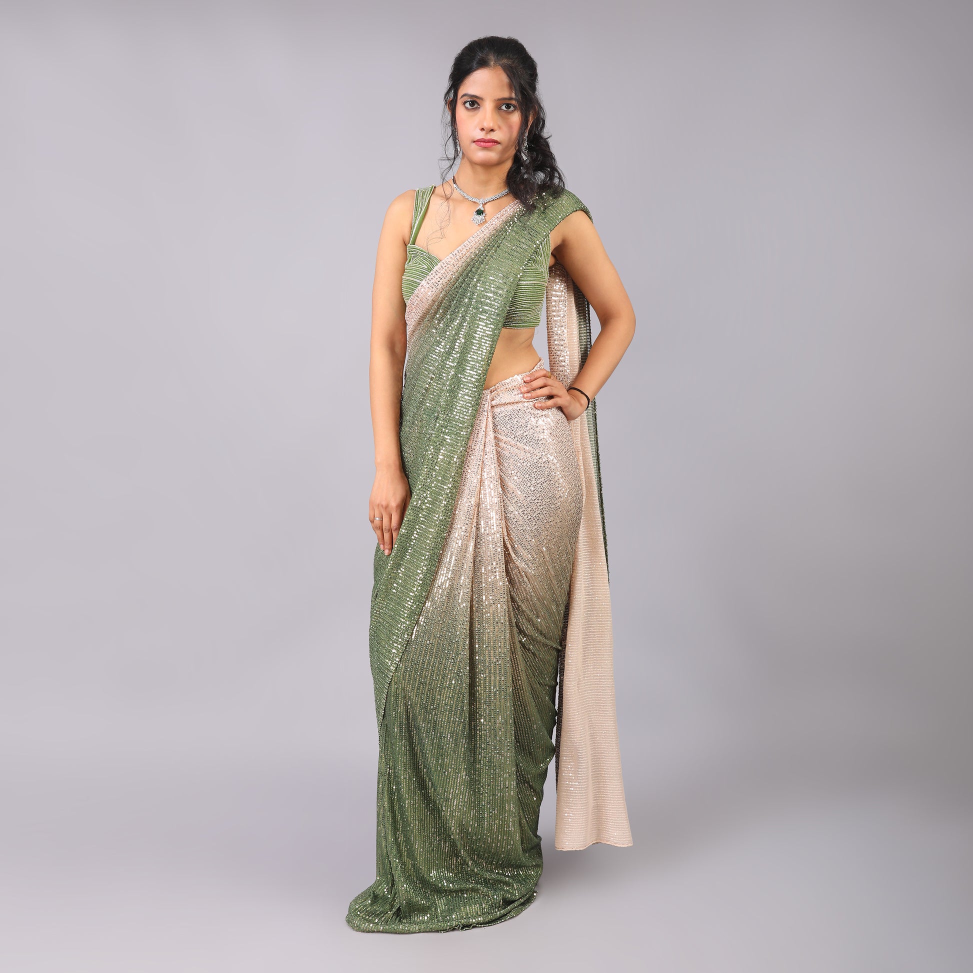 Dual-Toned Ombre Sequin Pre-Draped Saree with Hand-Embroidered Blouse