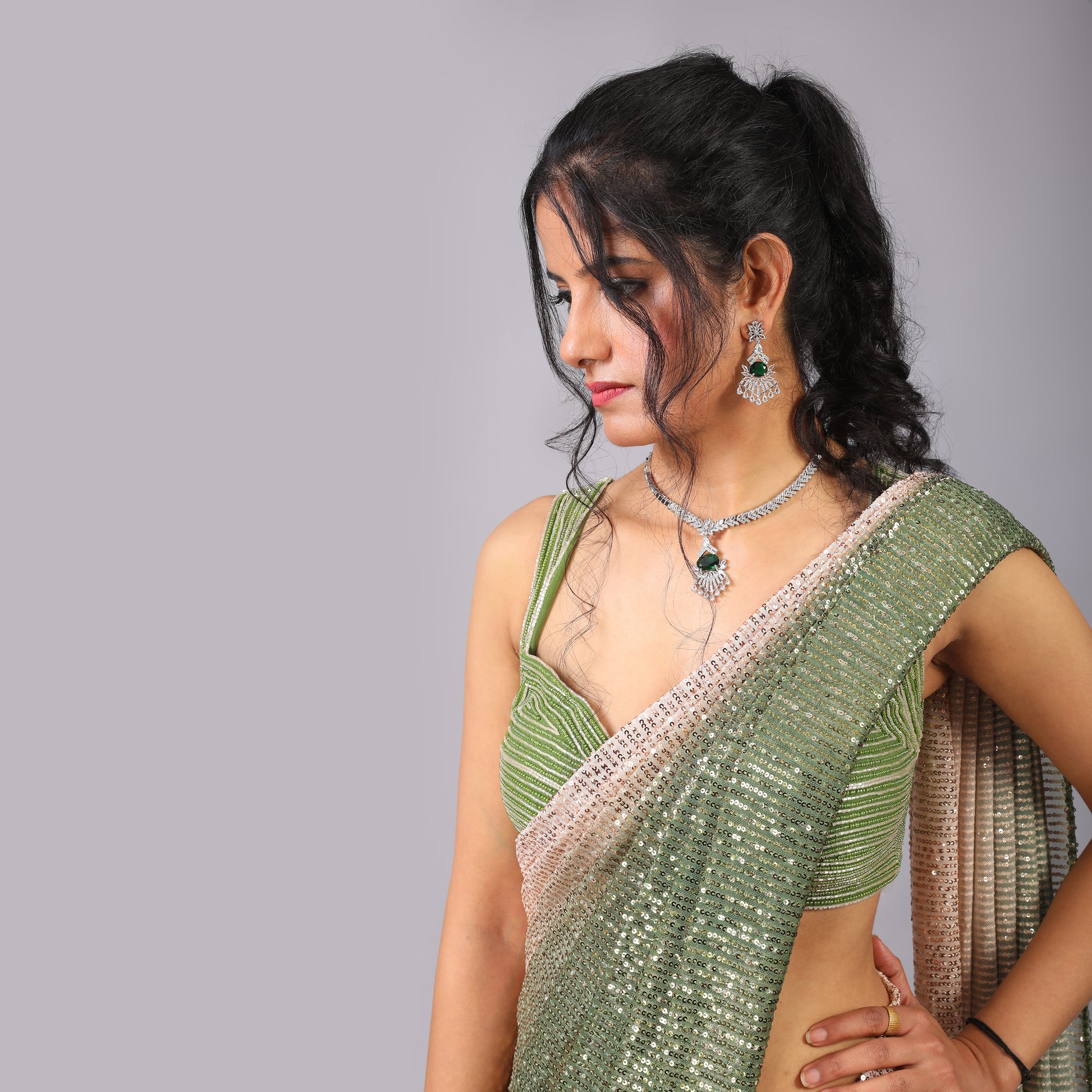 Dual-Toned Ombre Sequin Pre-Draped Saree with Hand-Embroidered Blouse