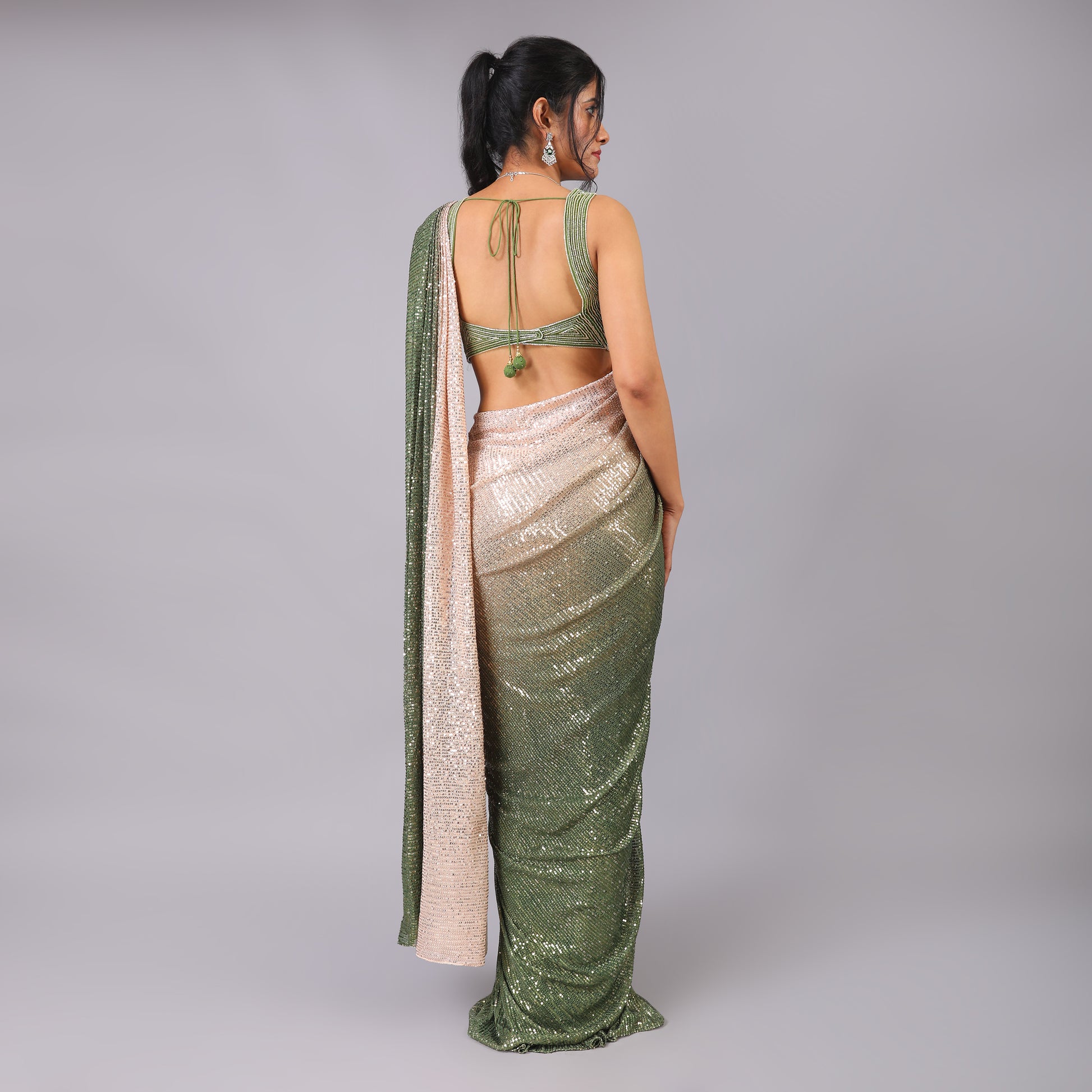 Dual-Toned Ombre Sequin Pre-Draped Saree with Hand-Embroidered Blouse