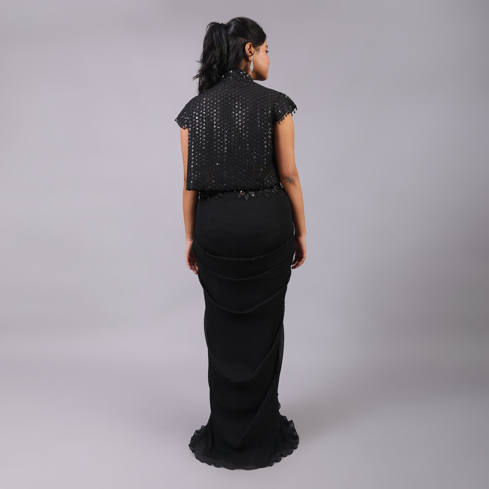 Pleated Drape Skirt with Hand-Embroidered Blouse and Short-Sleeve Jacket