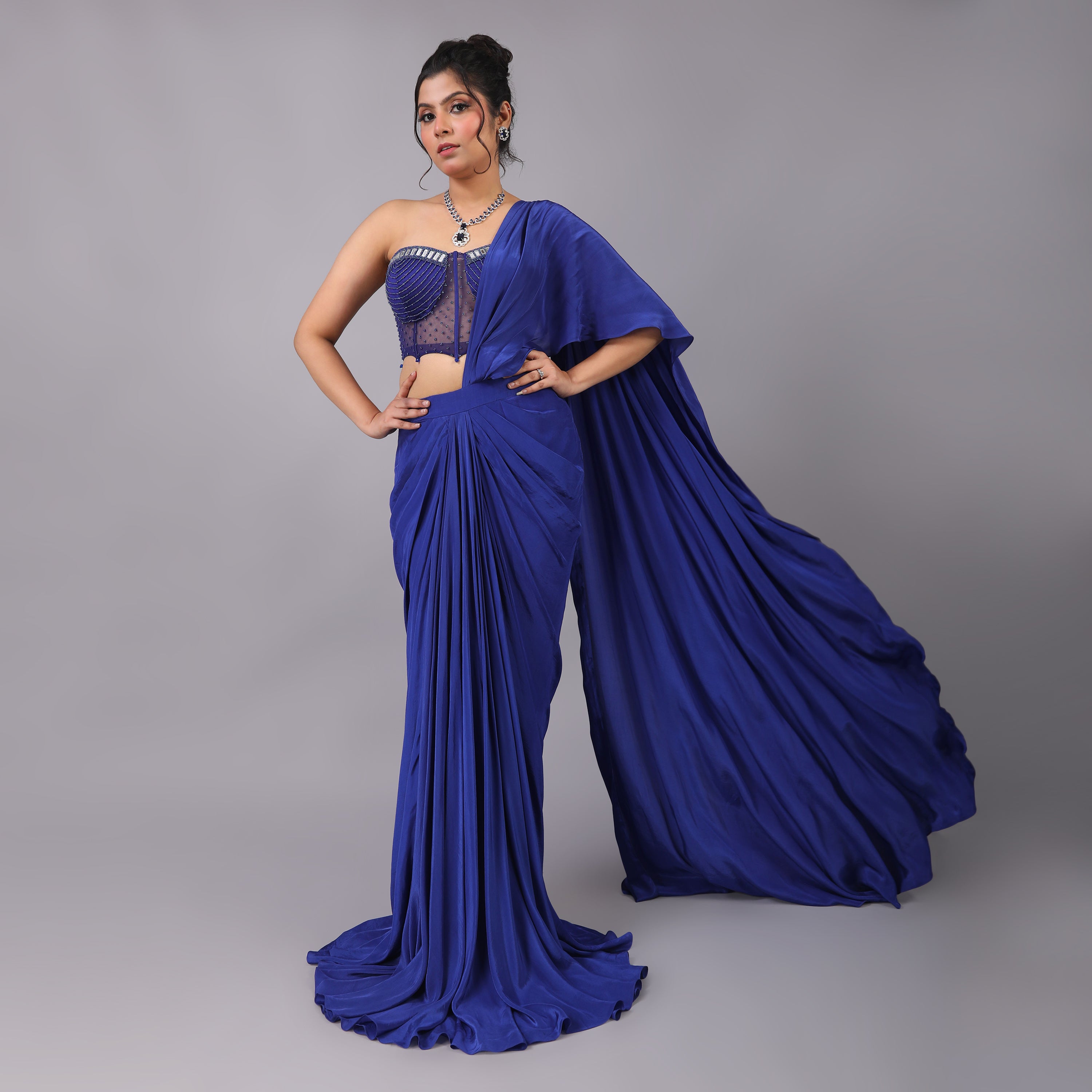 Royal Blue Pre-Draped Saree with Modern Corset Blouse