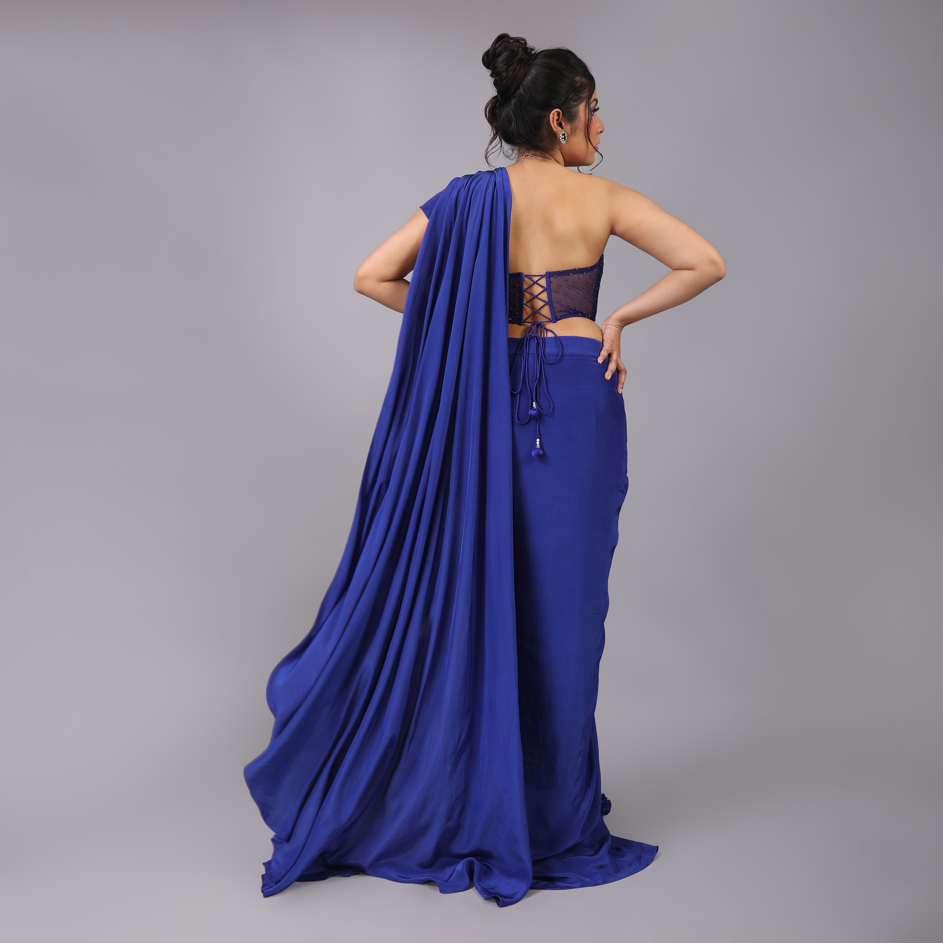 Royal Blue Pre-Draped Saree with Modern Corset Blouse