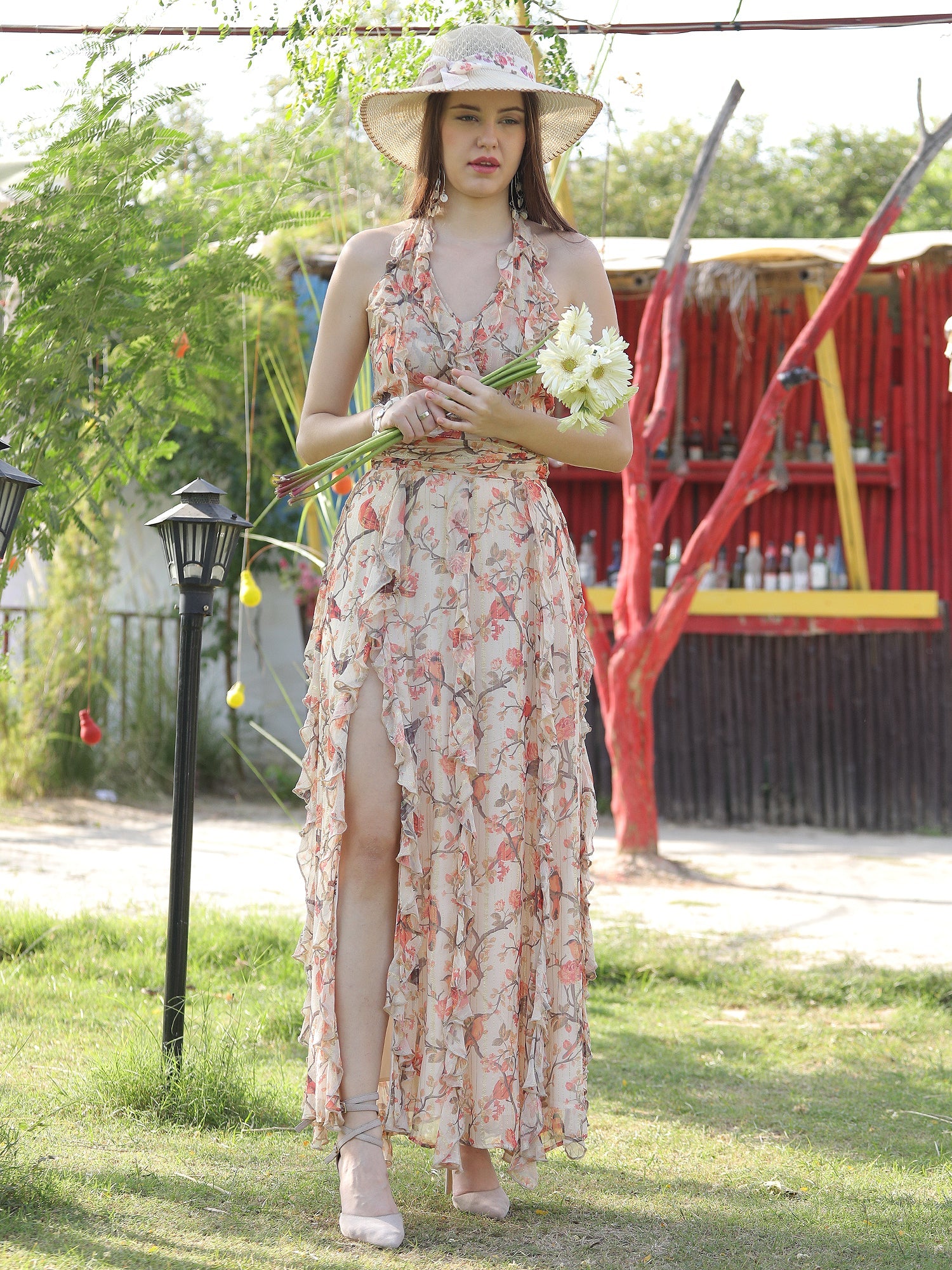 Lurex Bird Print Long Dress